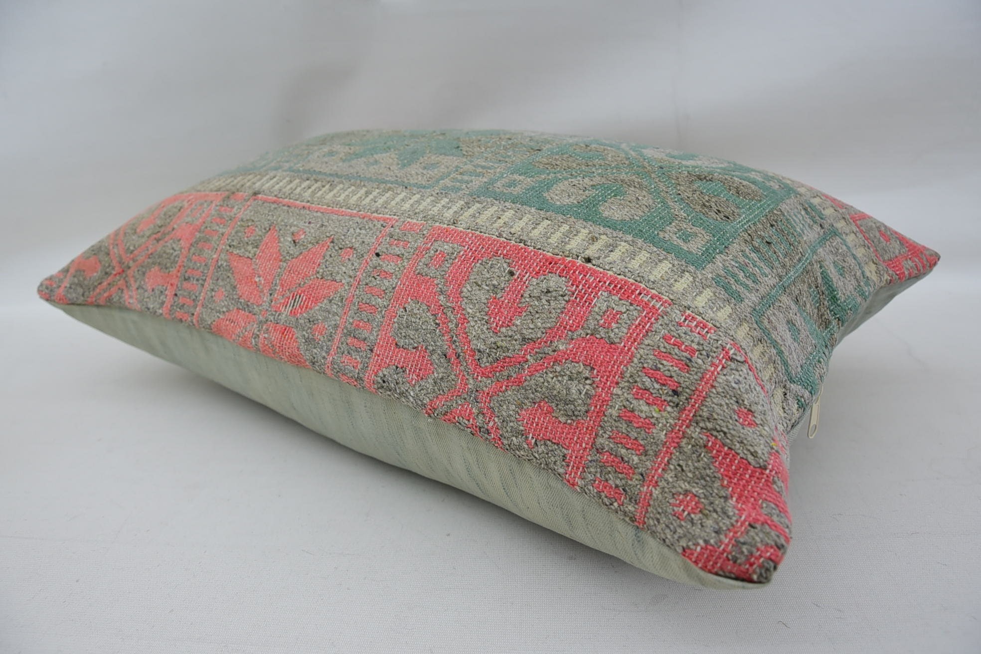 Turkish Rugs Cushion, Handmade Kilim Cushion, Vintage Kilim Throw Pillow, Interior Designer Pillow, 16"x24" Green Pillow