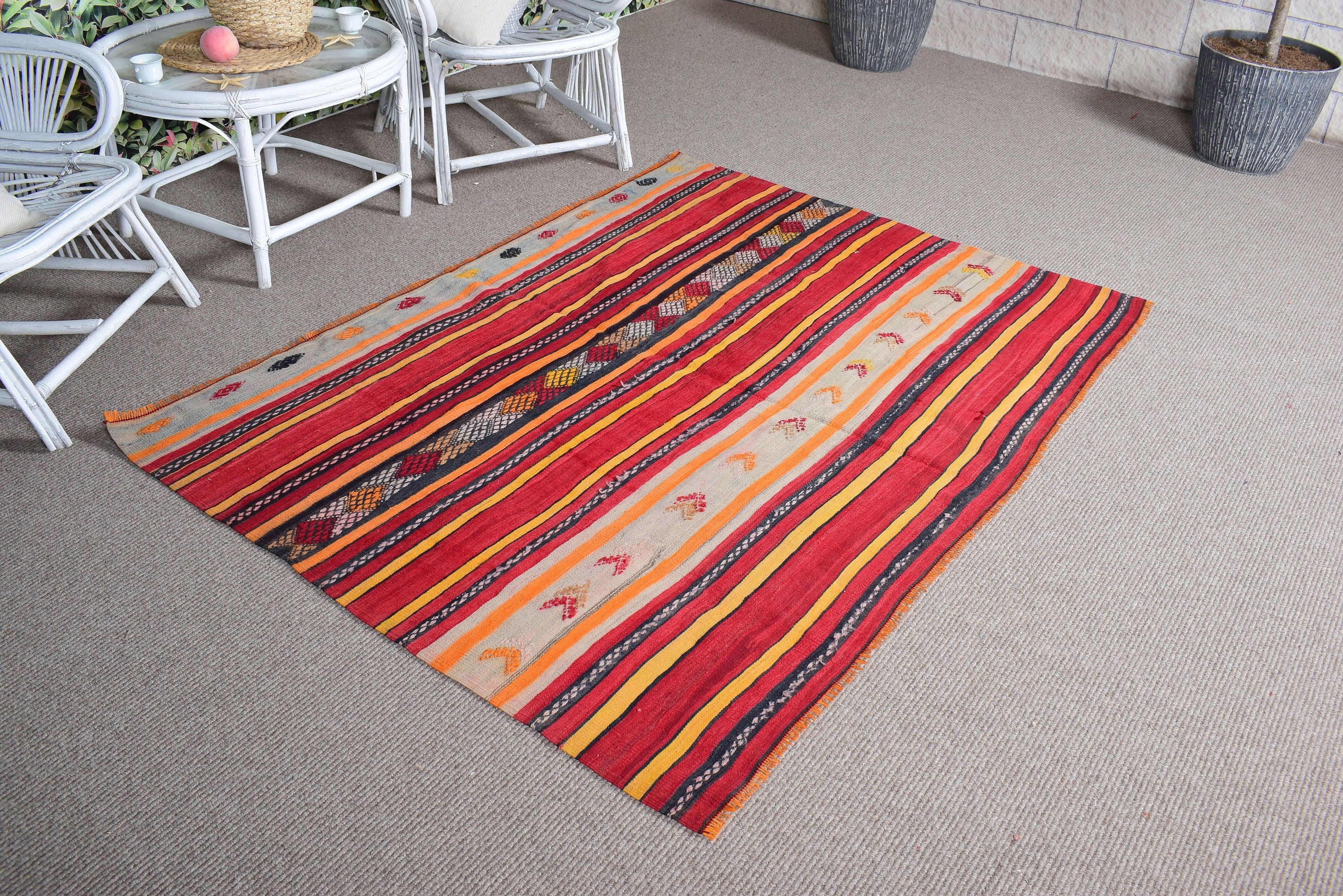 Düz Dokuma Halılar, Kırmızı Geometrik Halılar, Kilim, Yemek Odası Halıları, Vintage Halı, 4.4x6 ft Alan Halısı, Oturma Odası Halısı, Türk Halısı, Mutfak Halıları