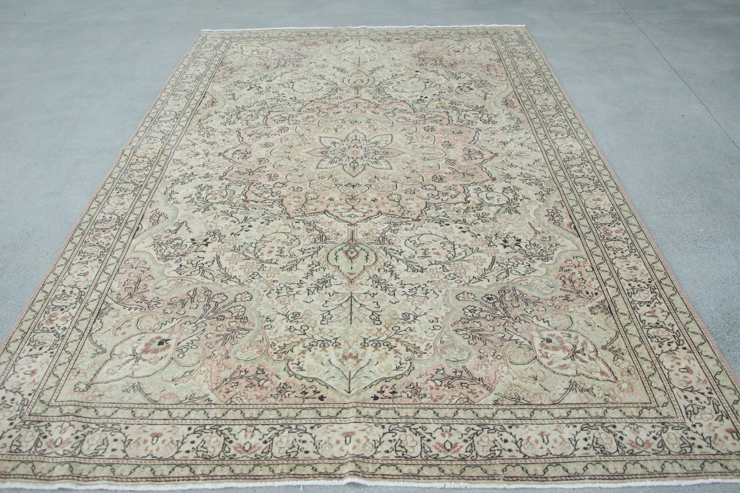 Turkish Rugs, Kitchen Rug, Dining Room Rugs, Salon Rugs, Green Oushak Rugs, Vintage Rug, 6.4x10.1 ft Large Rug, Pale Rugs