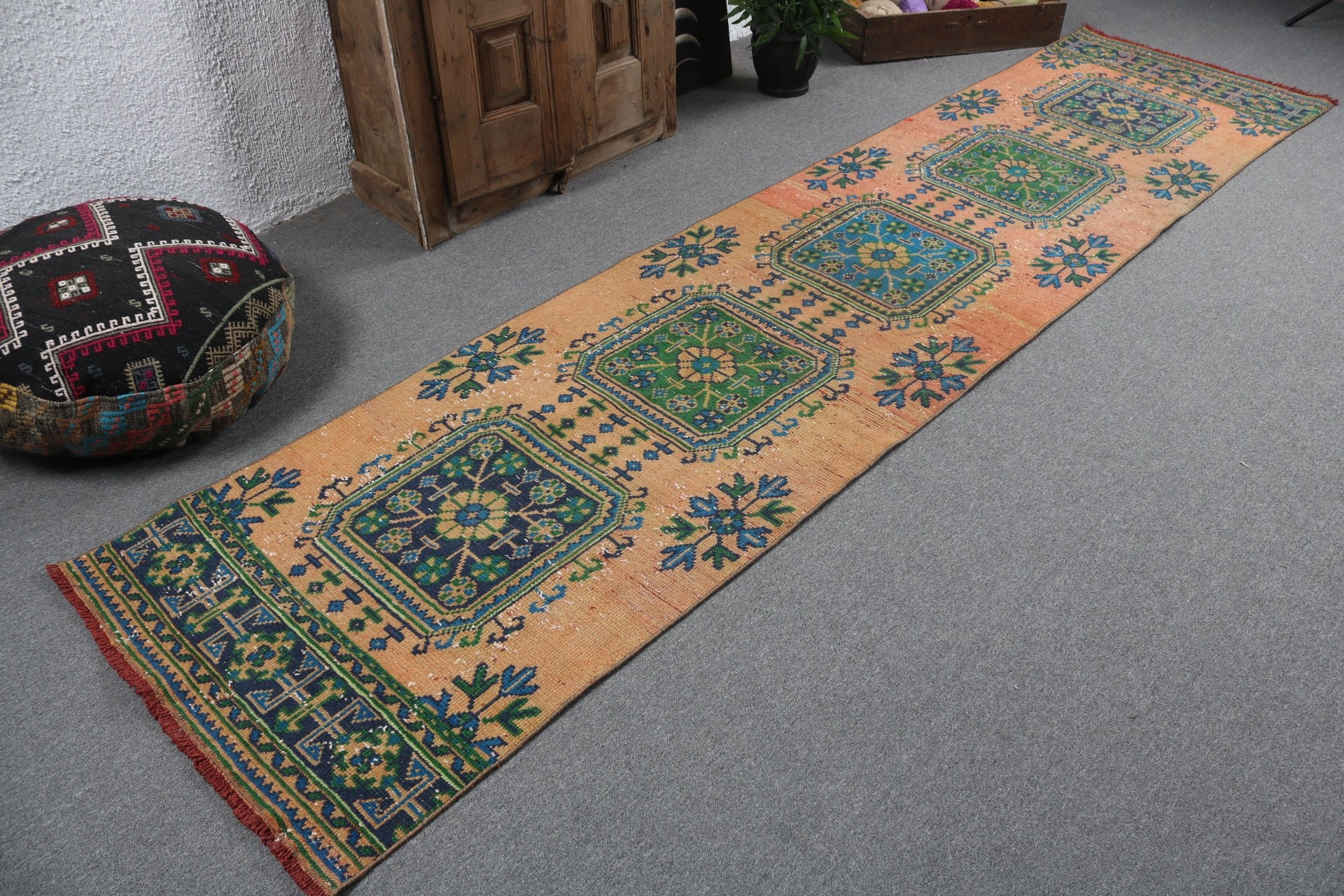 Modern Halı, Anadolu Halıları, 2.7x11.5 ft Yolluk Halıları, Koridor Halıları, Vintage Yolluk Halıları, Vintage Halı, Turuncu El Dokuma Halı, Türk Halıları