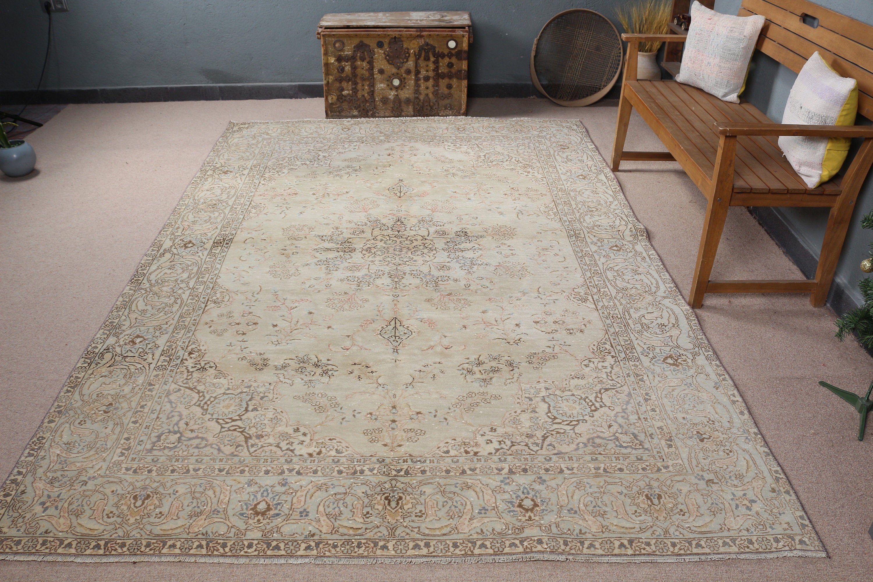 Dining Room Rug, Vintage Rug, Antique Rug, Salon Rugs, Old Rugs, Oushak Rug, 6.5x9.7 ft Large Rugs, Turkish Rug, Green Antique Rug