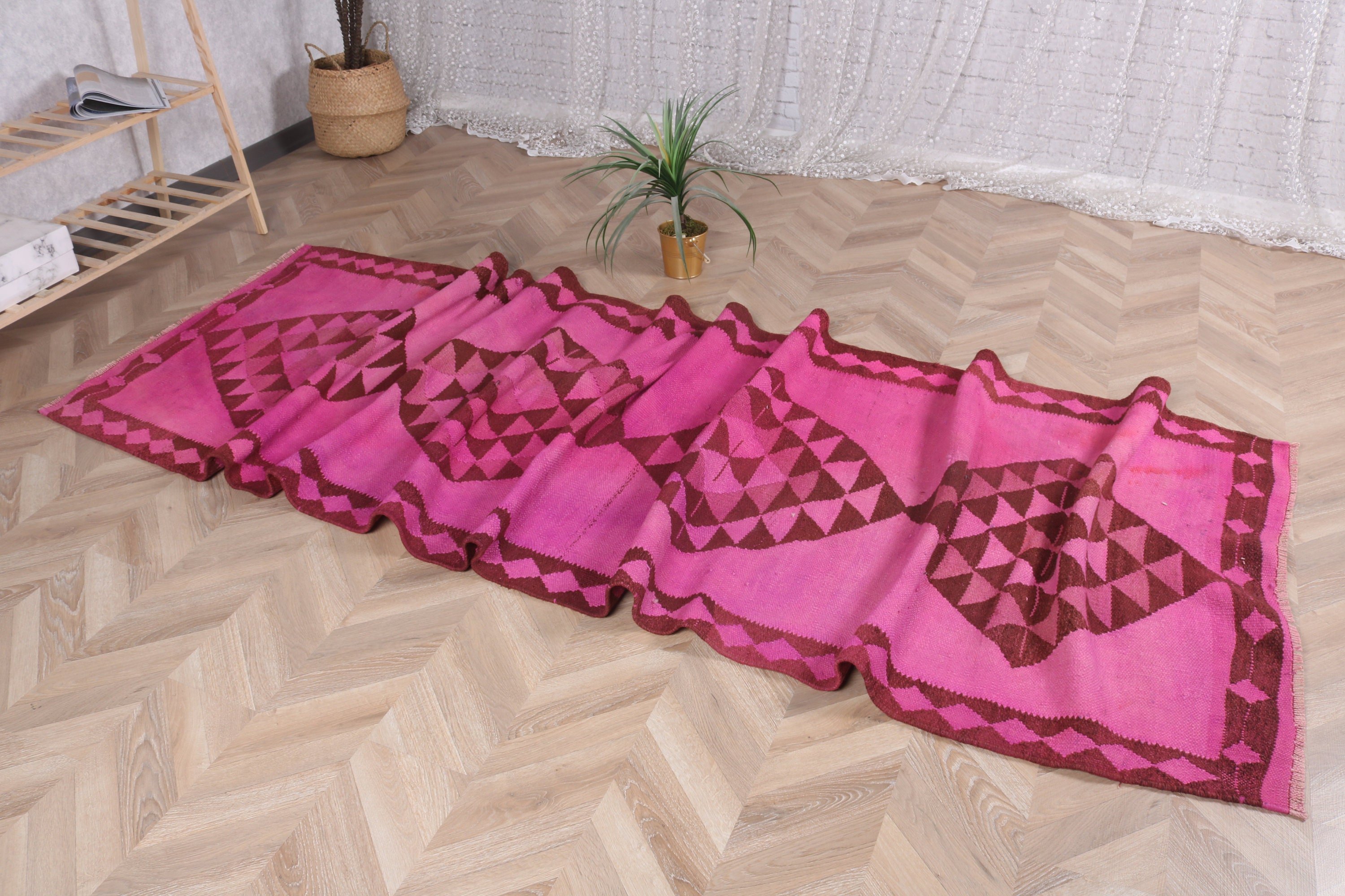 Vintage Halı, Koridor Halıları, Oushak Halısı, Ev Dekorasyonu Halısı, Pembe Oryantal Halısı, Türk Halıları, Vintage Runner Halıları, 3,5x11,1 ft Runner Halısı