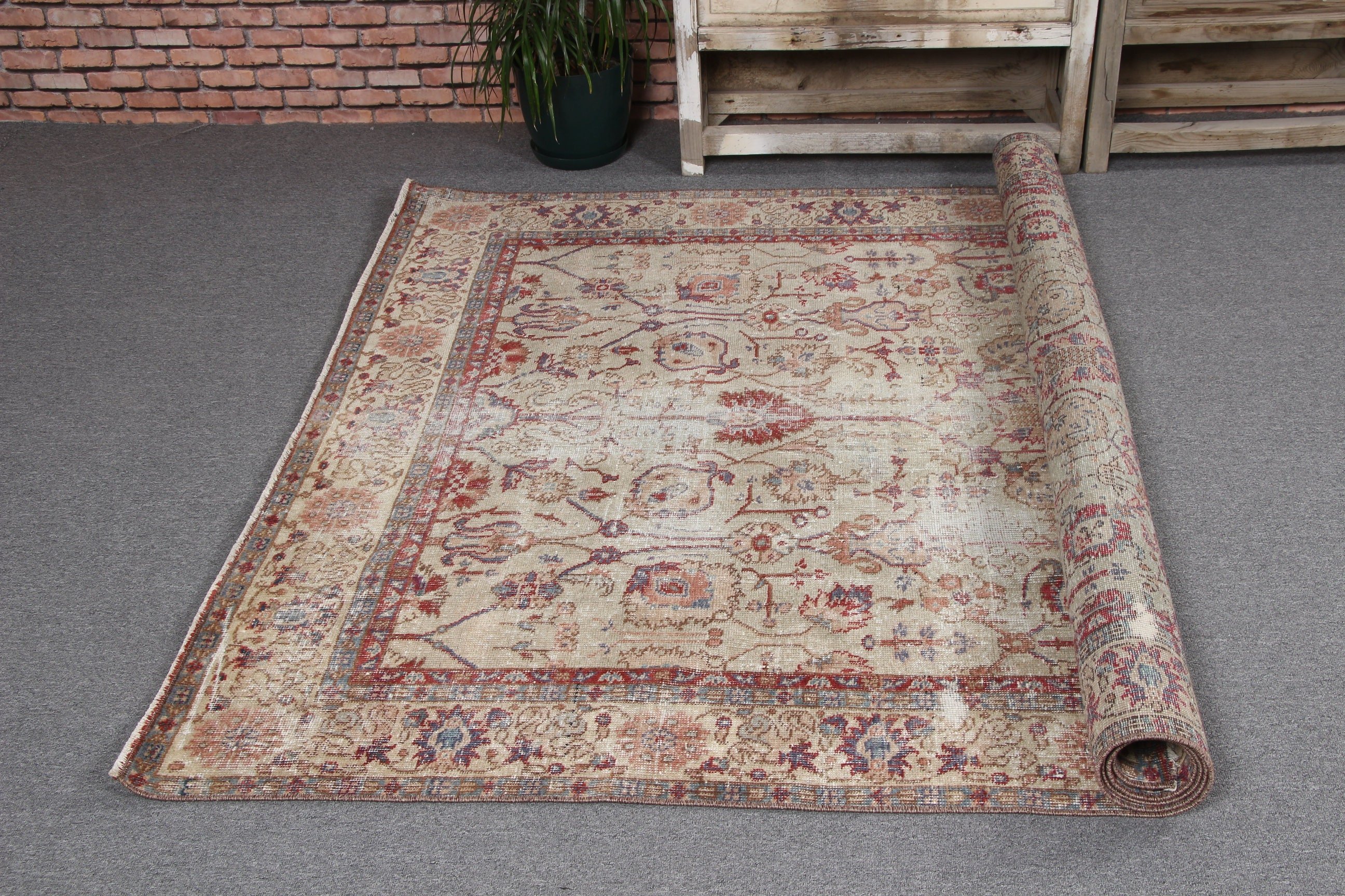 Türk Halısı, Anadolu Halısı, Düz Dokuma Halılar, Büyük Oushak Halısı, Bej Açıklama Halıları, 5,3x8,1 ft Büyük Halı, Vintage Halılar, Oturma Odası Halısı