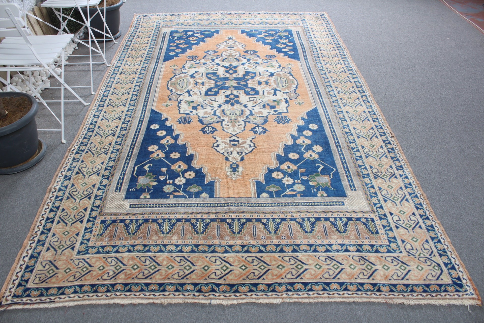 Vintage Halı, Aztek Halısı, Türk Halıları, Anadolu Halısı, Yemek Odası Halısı, Yatak Odası Halısı, Oushak Halısı, Mavi 6.1x10.6 ft Büyük Halı