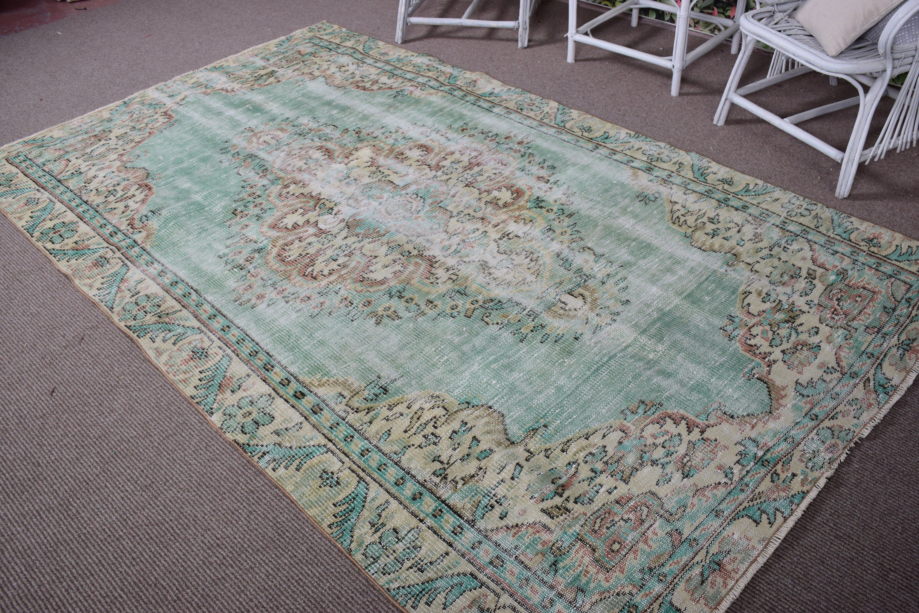 Large Oushak Rug, Handmade Rugs, Vintage Rugs, Neutral Rug, Handwoven Rug, Turkish Rugs, Salon Rug, 5.4x9 ft Large Rugs, Green Antique Rug