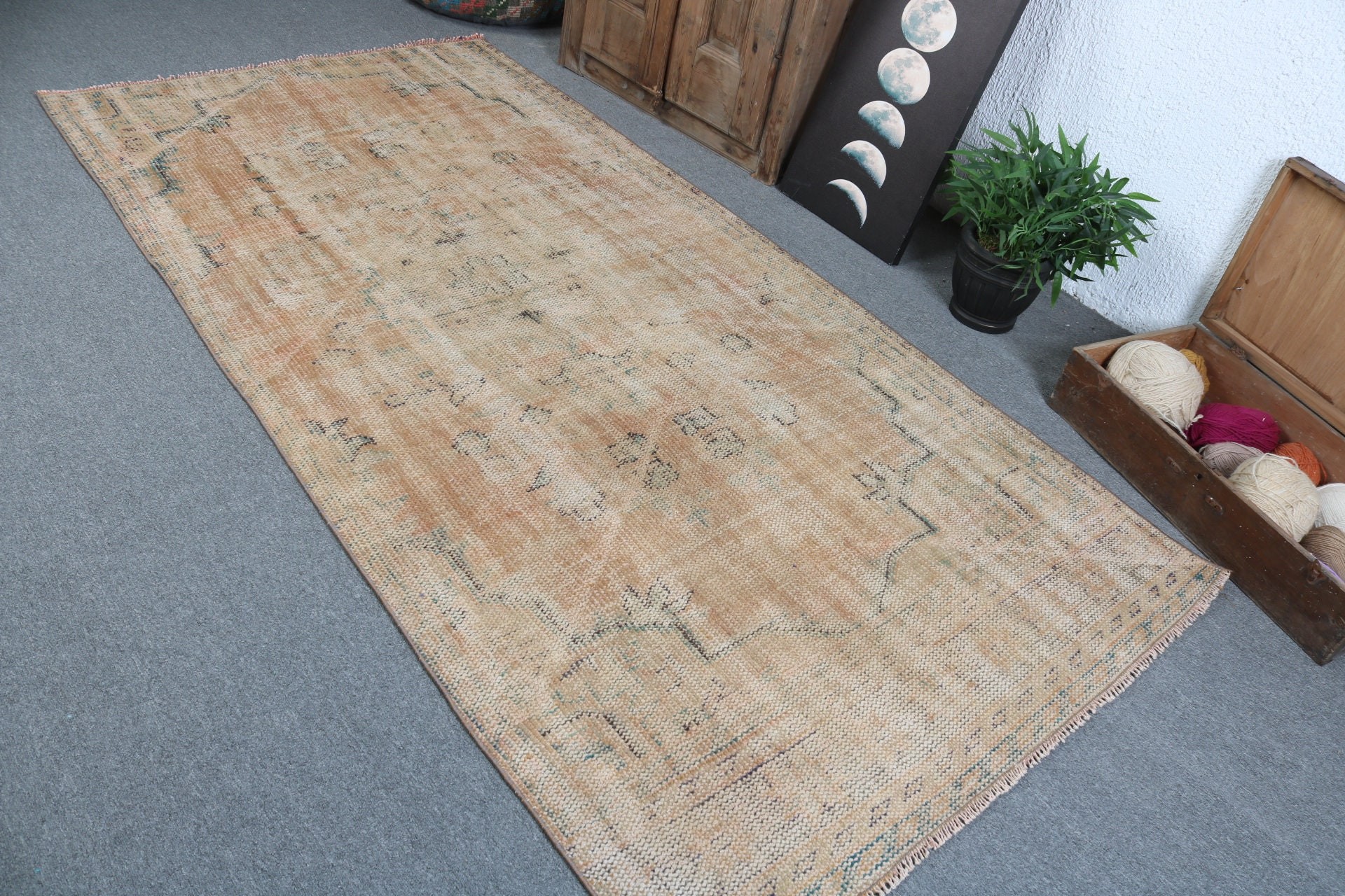 Boho Halı, Sanatsal Halı, Turuncu Geometrik Halılar, Yer Halıları, Türk Halısı, Vintage Halılar, 4,2x8,6 ft Alan Halısı, Çocuk Halısı, Oryantal Halılar