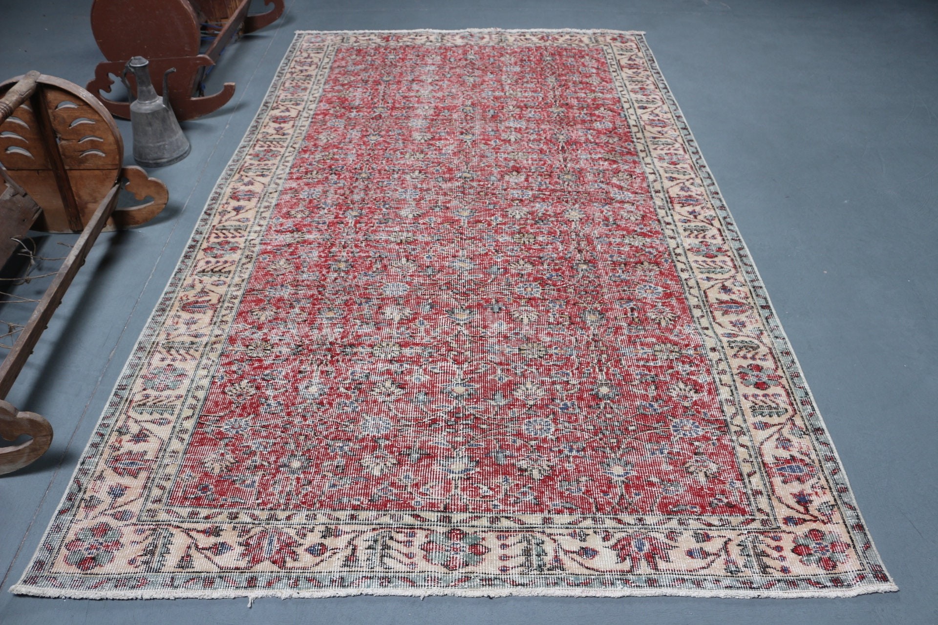 Oushak Halısı, Kırmızı Anadolu Halısı, Yatak Odası Halıları, Vintage Halı, 5.5x9.5 ft Büyük Halı, Yurt Halısı, Türk Halıları, Salon Halıları, Oturma Odası Halısı