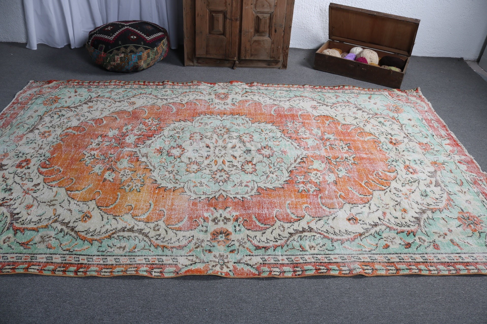 Large Boho Rug, Cool Rug, Large Oushak Rug, 6x9.9 ft Large Rugs, Turkish Rugs, Vintage Rugs, Orange Cool Rug, Decorative Rug, Kitchen Rug