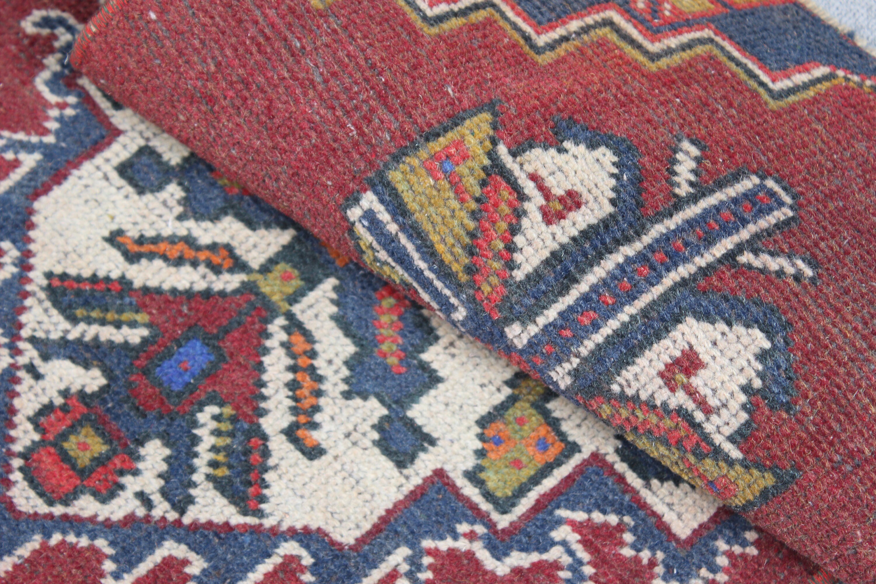 Türk Halısı, Oushak Halısı, Mutfak Halısı, Mor Geometrik Halılar, Vintage Halı, Düz Dokuma Halı, Küçük Vintage Halı, 1.4x3.5 ft Küçük Halılar