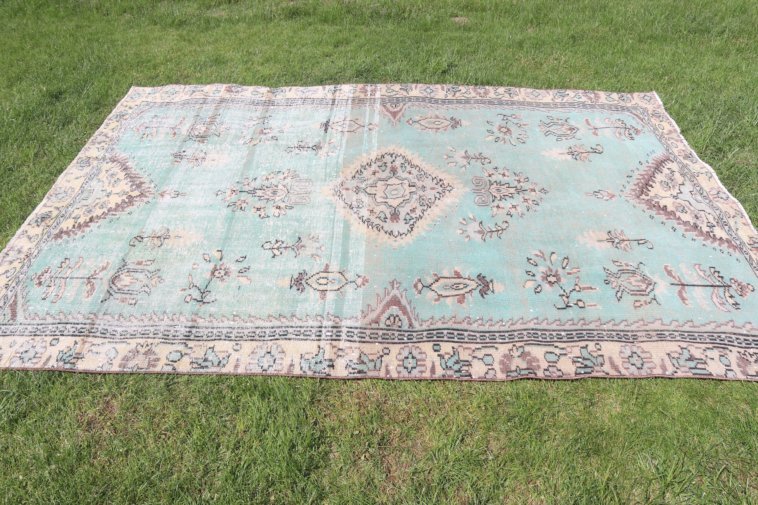 Geometrik Halı, Yer Halısı, Büyük Vintage Halı, Yeşil Oushak Halıları, 5,8x8,2 ft Büyük Halılar, Türk Halısı, Vintage Halı, Fas Halıları, Yatak Odası Halısı