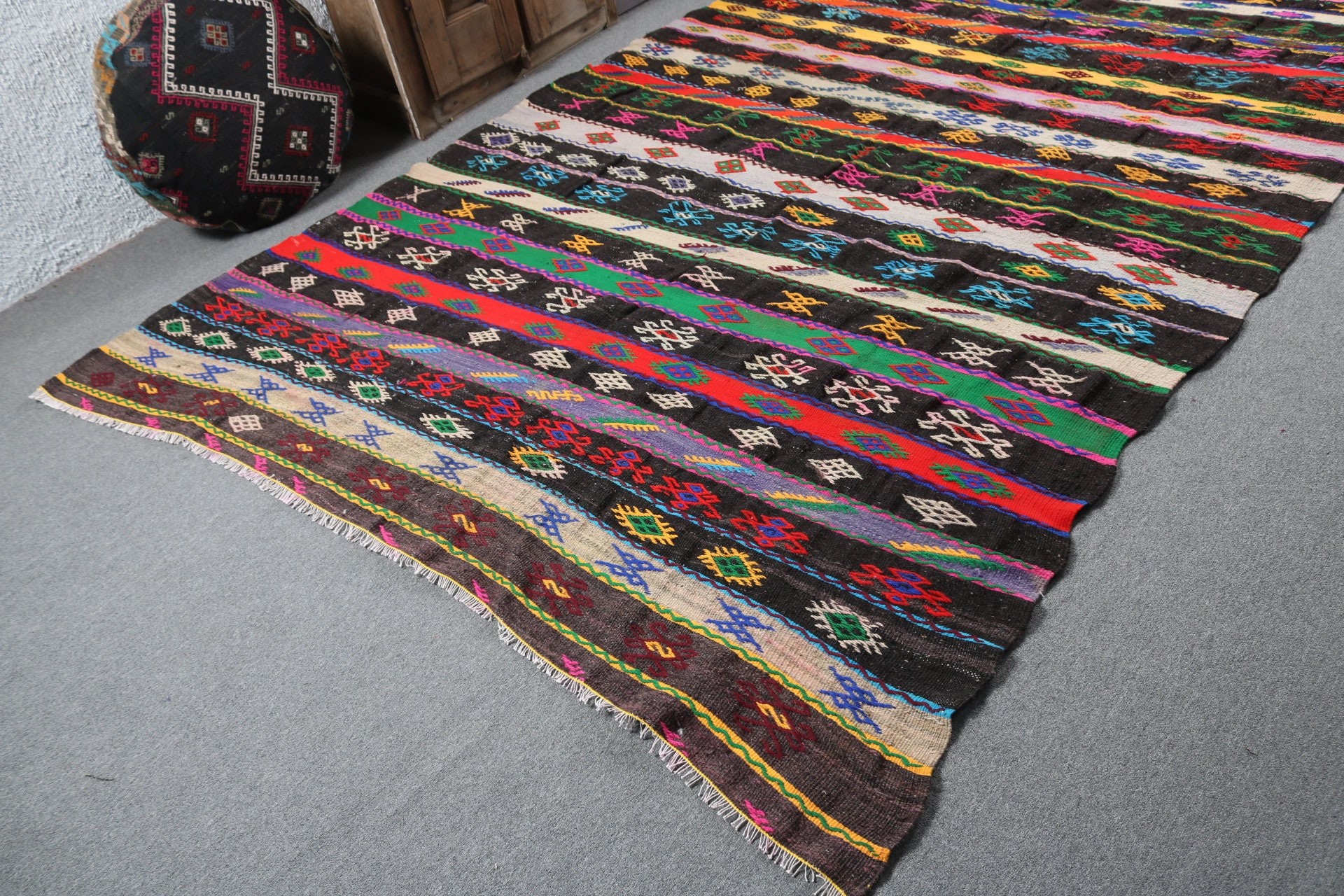 Yün Halılar, Kilim, Türk Halıları, Düz Dokuma Halı, Kahverengi Yer Halısı, El Yapımı Halı, Büyük Boy Türk Halıları, 10.7x6.9 ft Büyük Boy Halı, Vintage Halılar