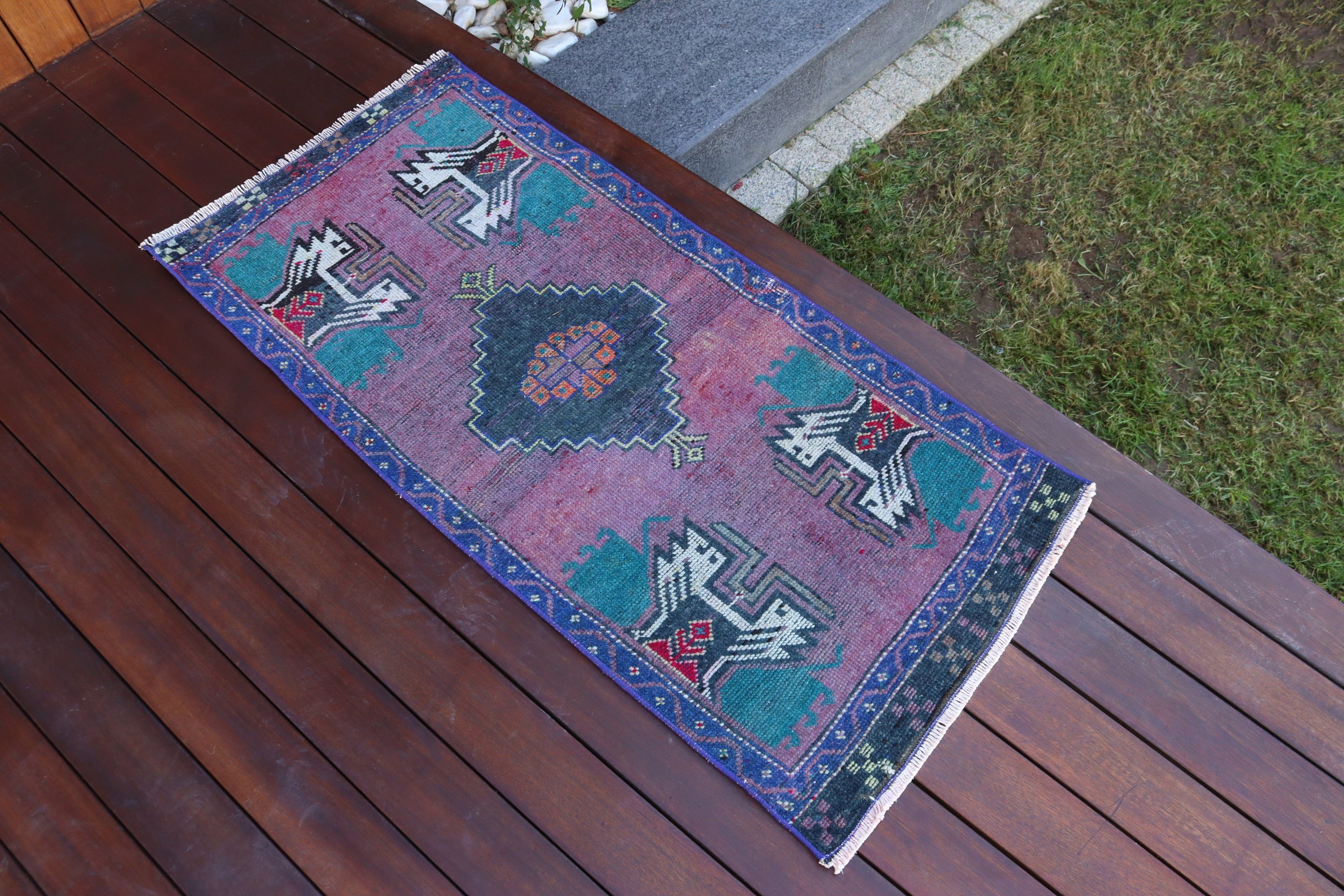 Modern Halı, Vintage Halı, Mor 1.7x3.5 ft Küçük Halı, Yün Halı, Banyo Halıları, Duvara Asma Halılar, Yatak Odası Halıları, Türk Halısı