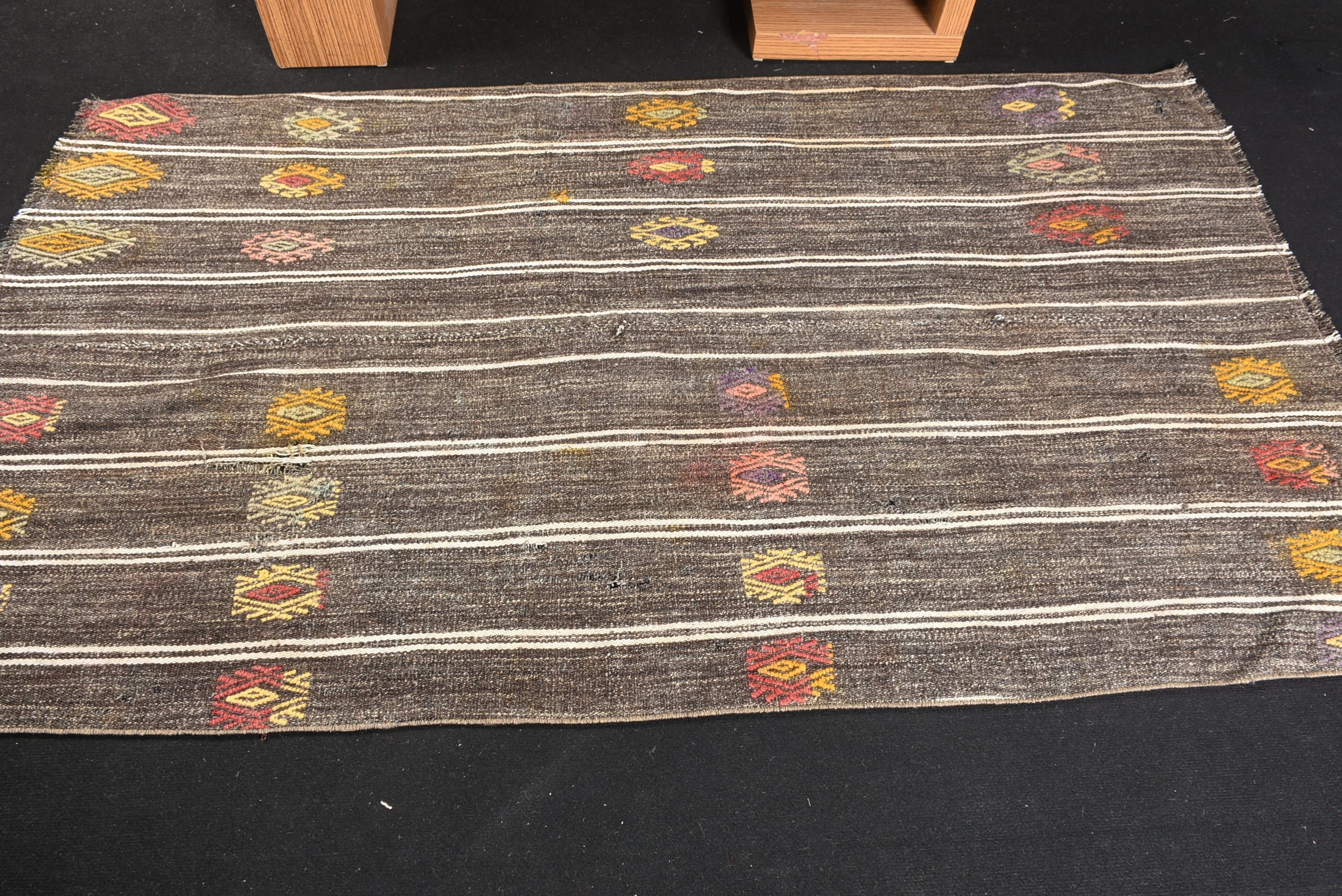 Yün Halı, El Yapımı Halılar, Kahverengi 3,8x6,7 ft Alan Halıları, Türk Halıları, Mutfak Halısı, Kilim, Ev Halısı, Anadolu Halısı, Vintage Halı