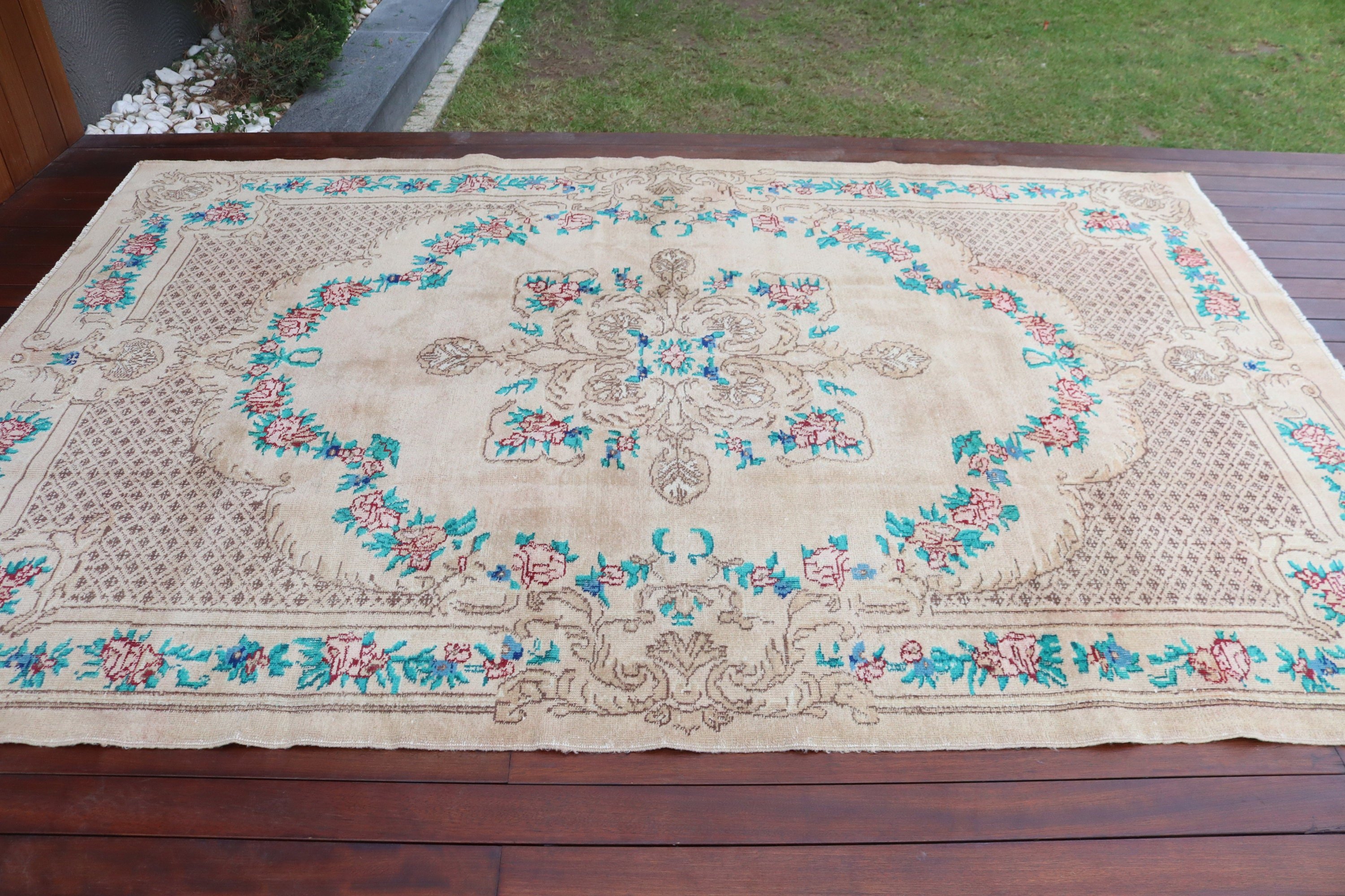 Bej 6.2x9.5 ft Büyük Halı, Lüks Halı, Salon Halıları, Vintage Halılar, Türk Halısı, Oryantal Halı, Yemek Odası Halıları, Düz Dokuma Halılar