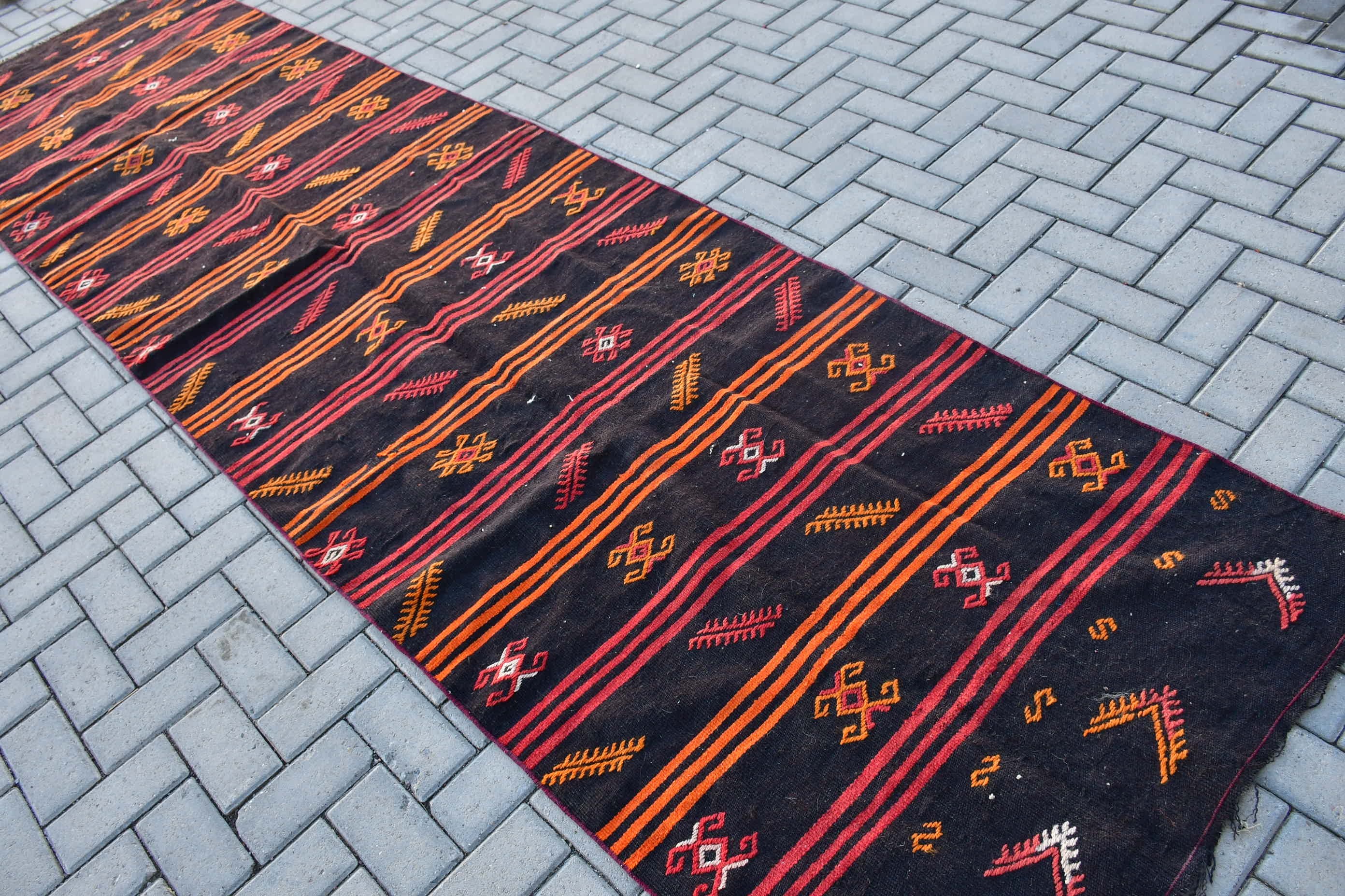 Corridor Rug, Vintage Rug, Rugs for Runner, Bedroom Rug, Anatolian Rugs, Turkish Rugs, Kilim, Black  3.5x13 ft Runner Rug