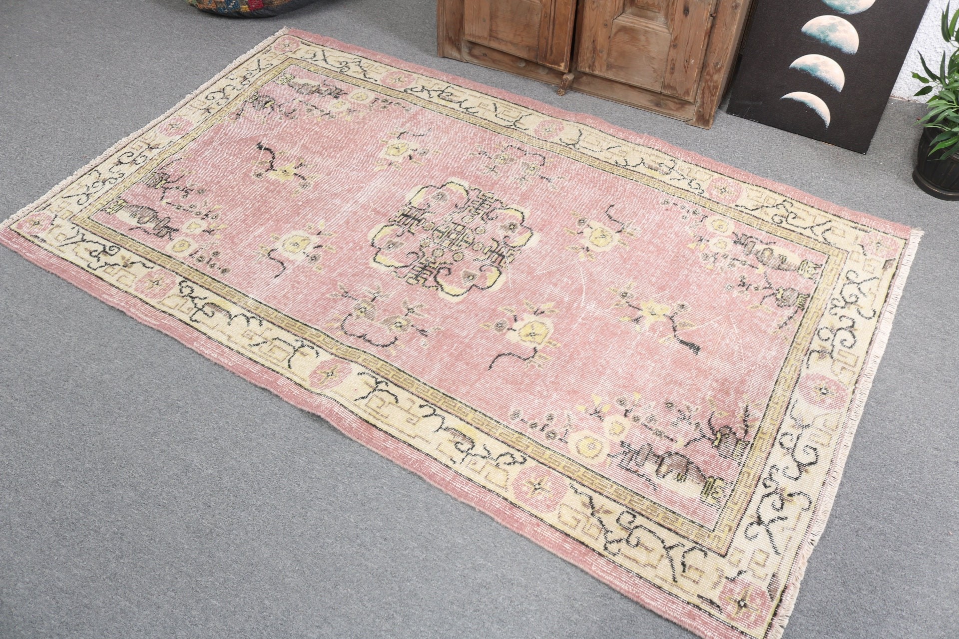 3,8x6,4 ft Alan Halıları, Türk Halısı, Boho Halısı, Etnik Halılar, Pembe Antika Halı, Vintage Halılar, Nötr Halılar, Yemek Odası Halıları, Zemin Halıları