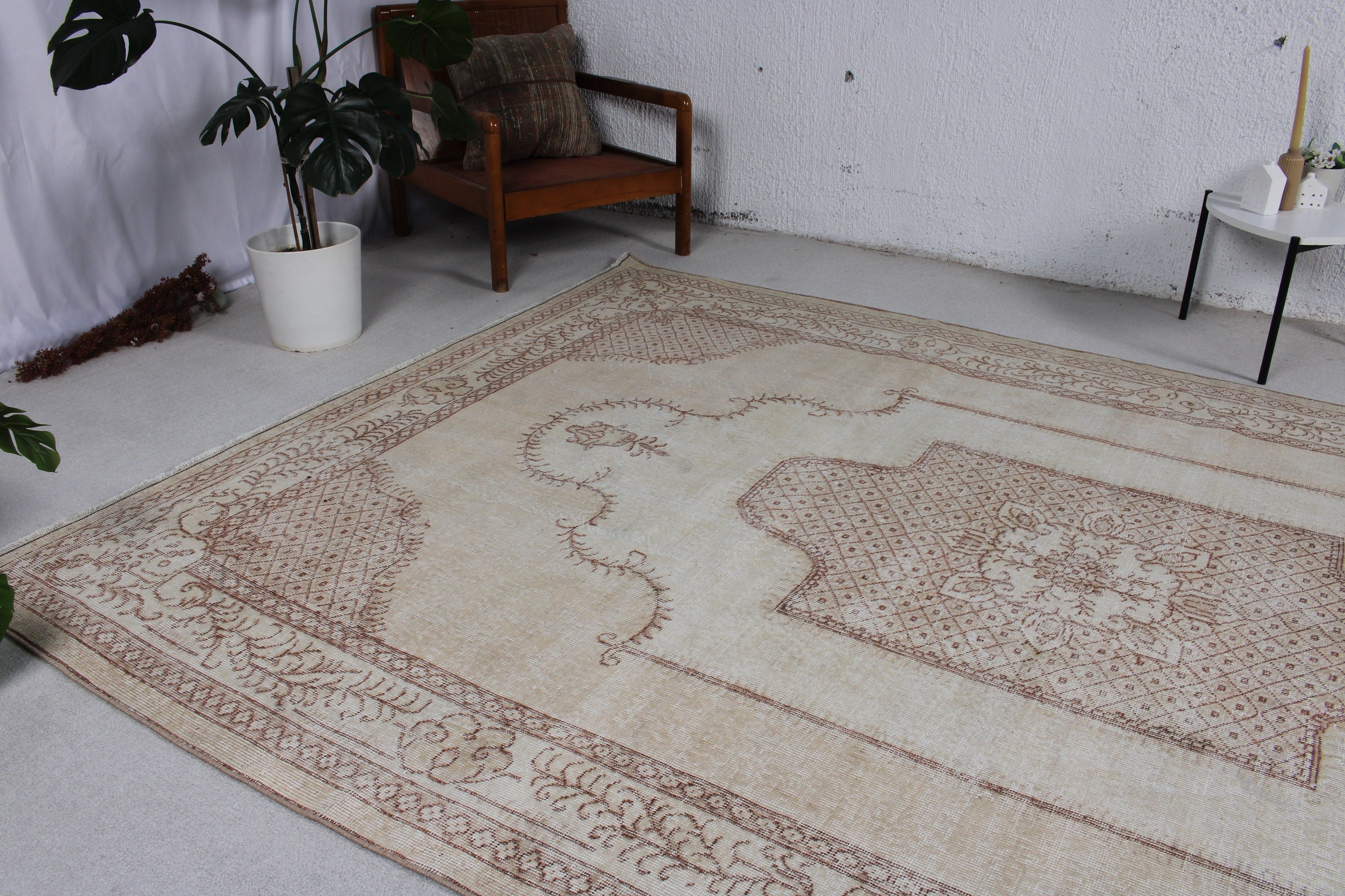 Beige Floor Rug, Turkish Rugs, Statement Rugs, Saloon Rug, Home Decor Rug, Vintage Rug, 6.8x10.3 ft Oversize Rugs, Dining Room Rugs