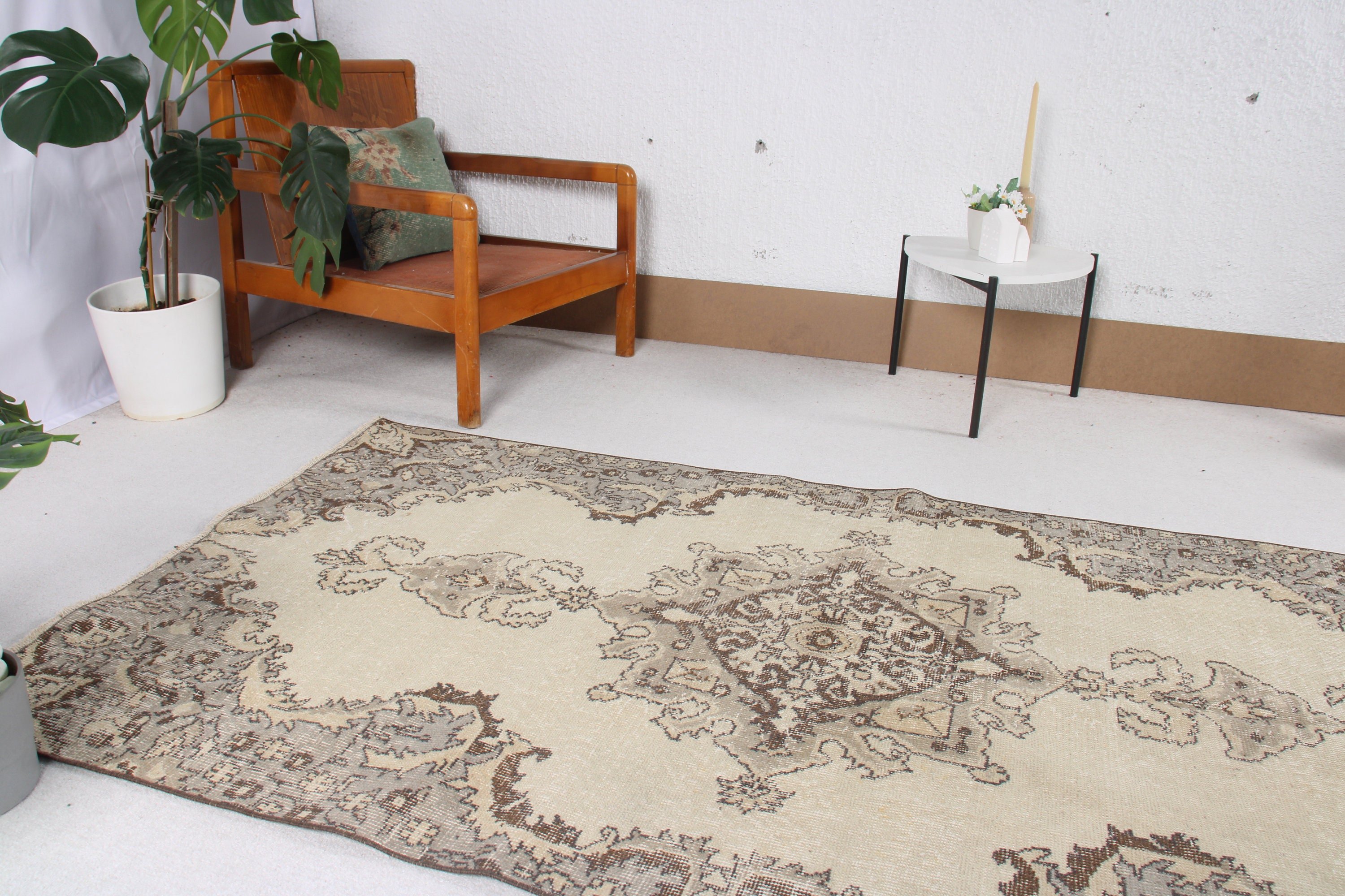 Bej Antika Halı, 3,8x6,9 ft Alan Halısı, Boho Halıları, Oturma Odası Halısı, Vintage Halılar, Türk Halısı, Nötr Halılar, İç Mekan Halıları, Tribal Halılar