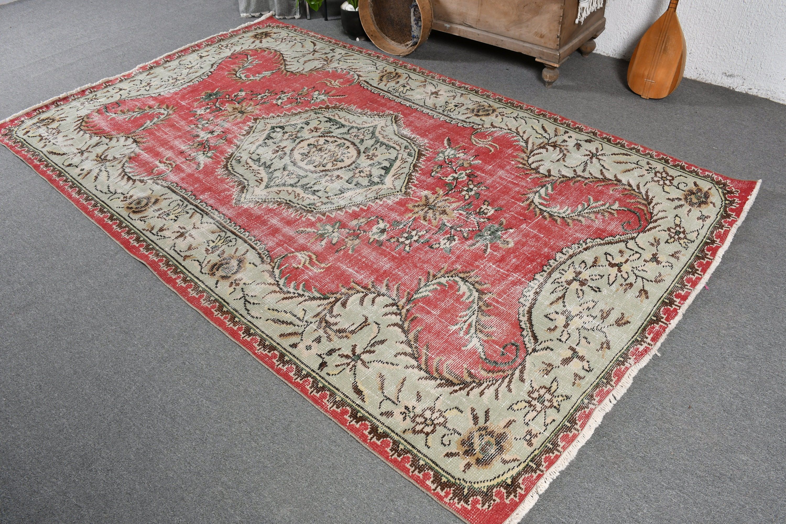 El Yapımı Halı, Yemek Odası Halıları, Türk Halısı, Salon Halısı, Kırmızı Oushak Halısı, 5.3x8.8 ft Büyük Halı, Oryantal Halı, Ev Dekorasyonu Halıları, Vintage Halı