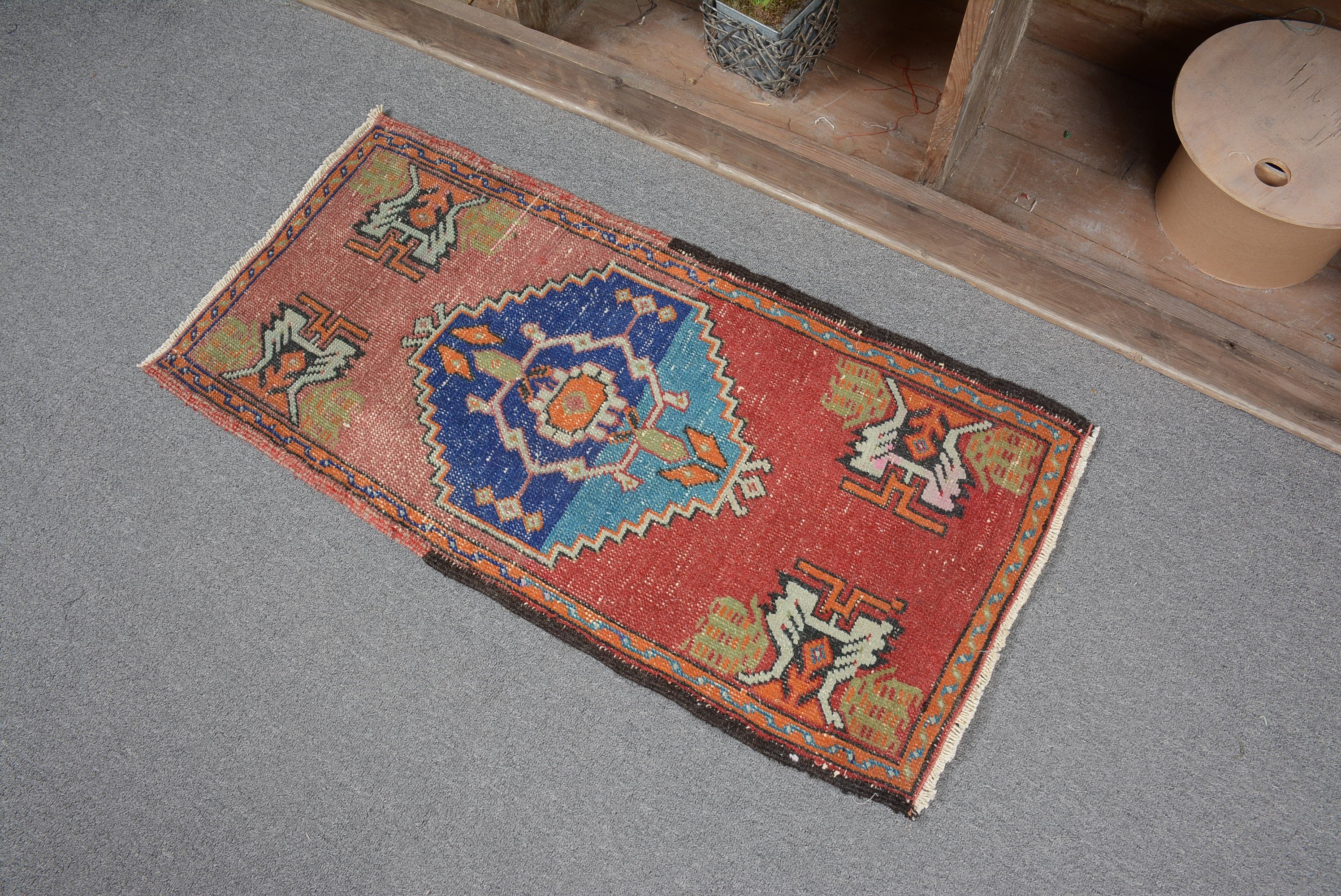 Moroccan Rugs, Vintage Rugs, Oriental Rugs, Bright Rug, 1.5x3.2 ft Small Rugs, Turkish Rug, Red Antique Rug, Wall Hanging Rug, Bathroom Rug