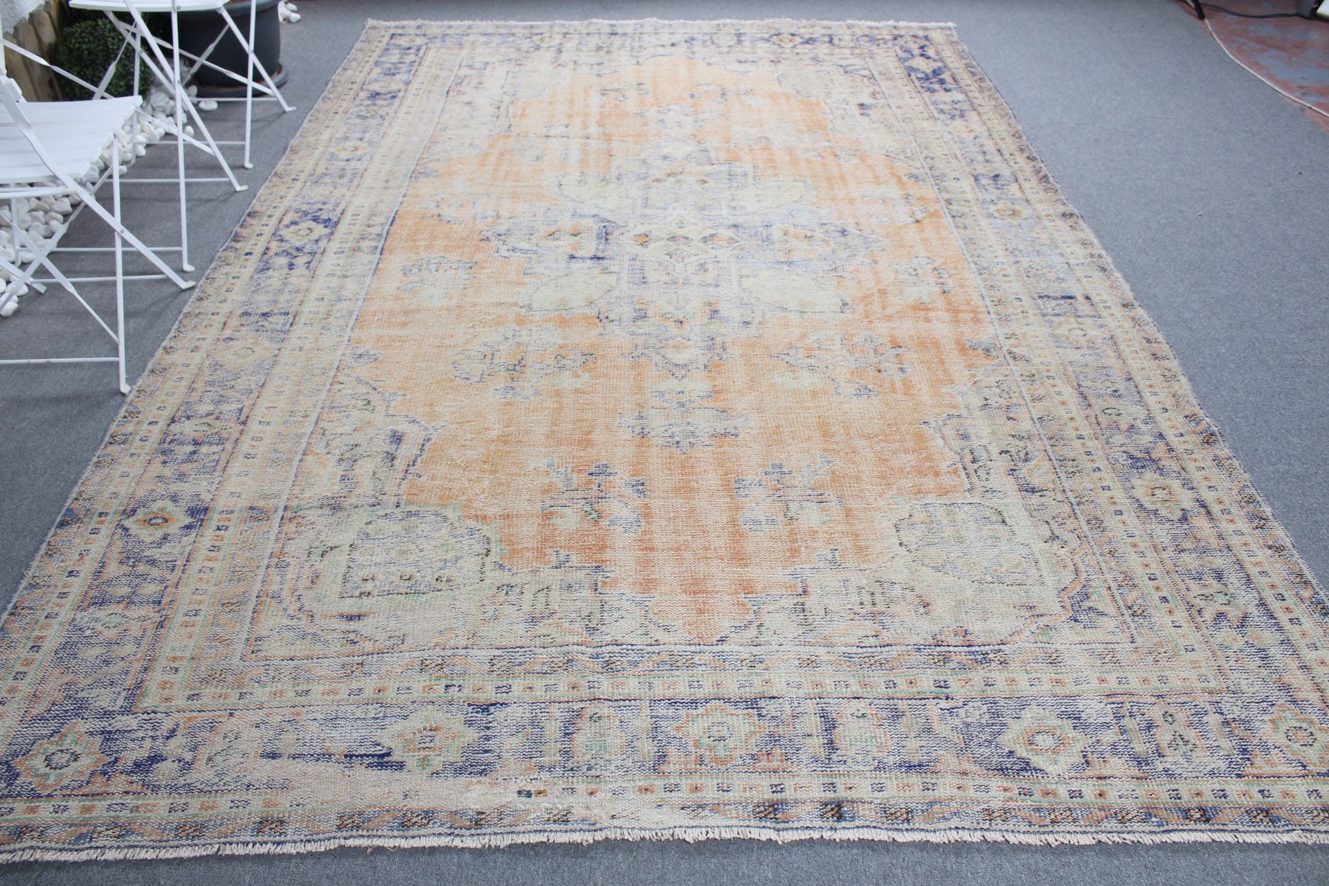 7.4x10.8 ft Büyük Boy Halı, Oryantal Halılar, Salon Halısı, Türk Halısı, Oturma Odası Halısı, Vintage Halılar, Mutfak Halısı, Pastel Halılar, Turuncu Yün Halı