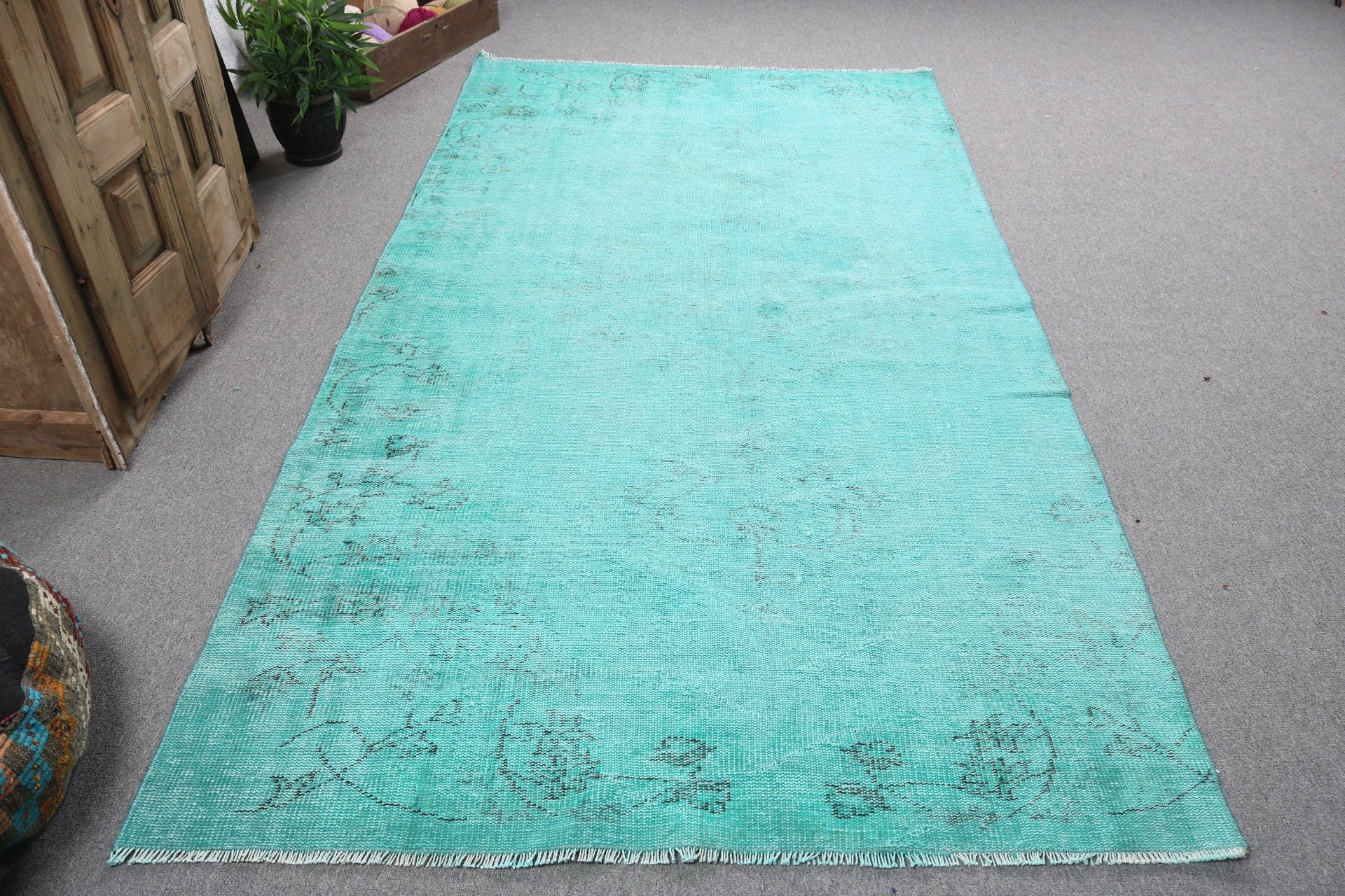 Büyük Boho Halısı, 4.9x9 ft Büyük Halılar, Vintage Halı, Yeşil Oushak Halıları, Yün Halısı, Türk Halıları, Yatak Odası Halıları, Salon Halısı