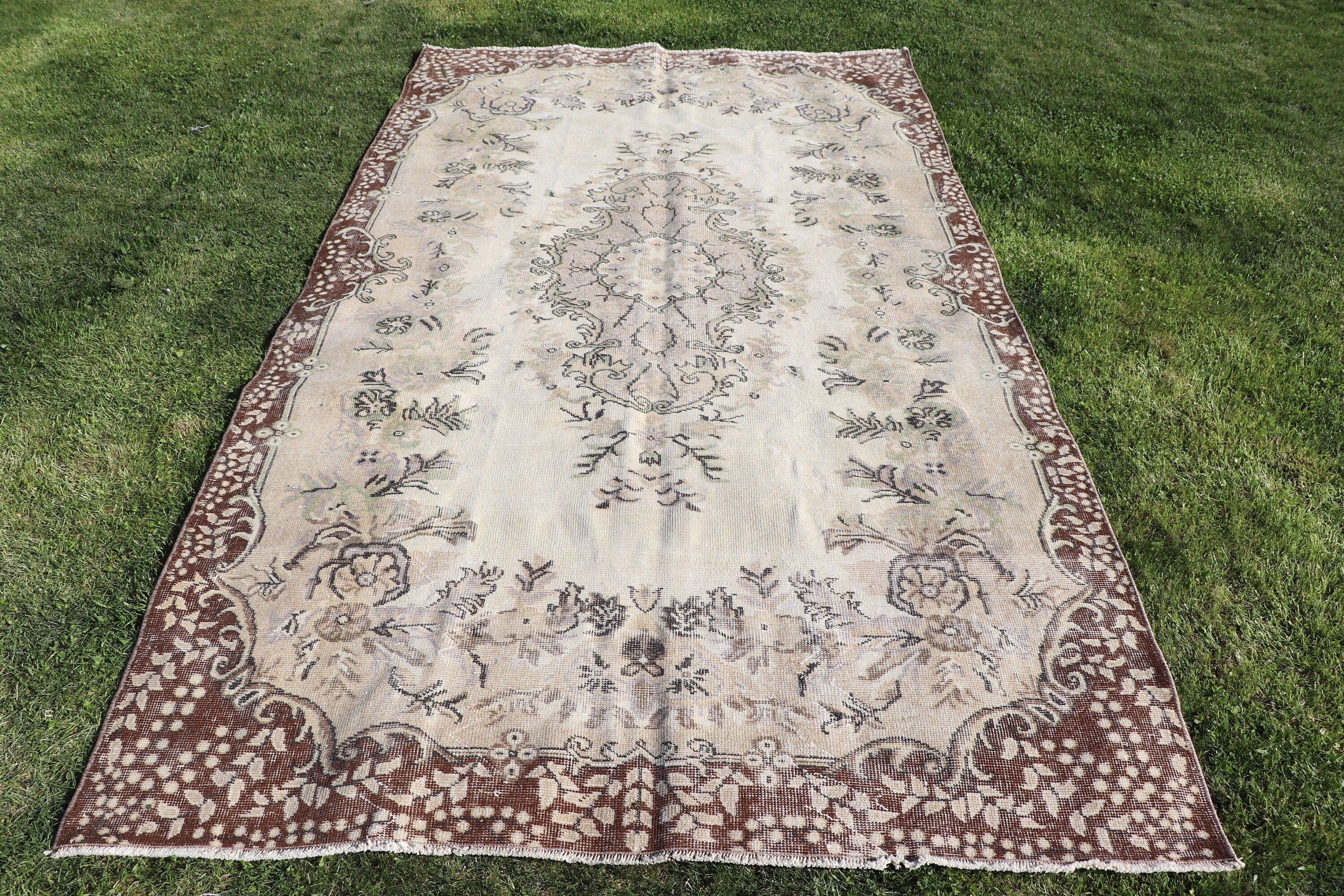 Oturma Odası Halıları, Vintage Halı, Geometrik Halı, Bej Geometrik Halı, Büyük Oushak Halıları, Boho Halısı, Türk Halısı, 5.1x9.1 ft Büyük Halılar