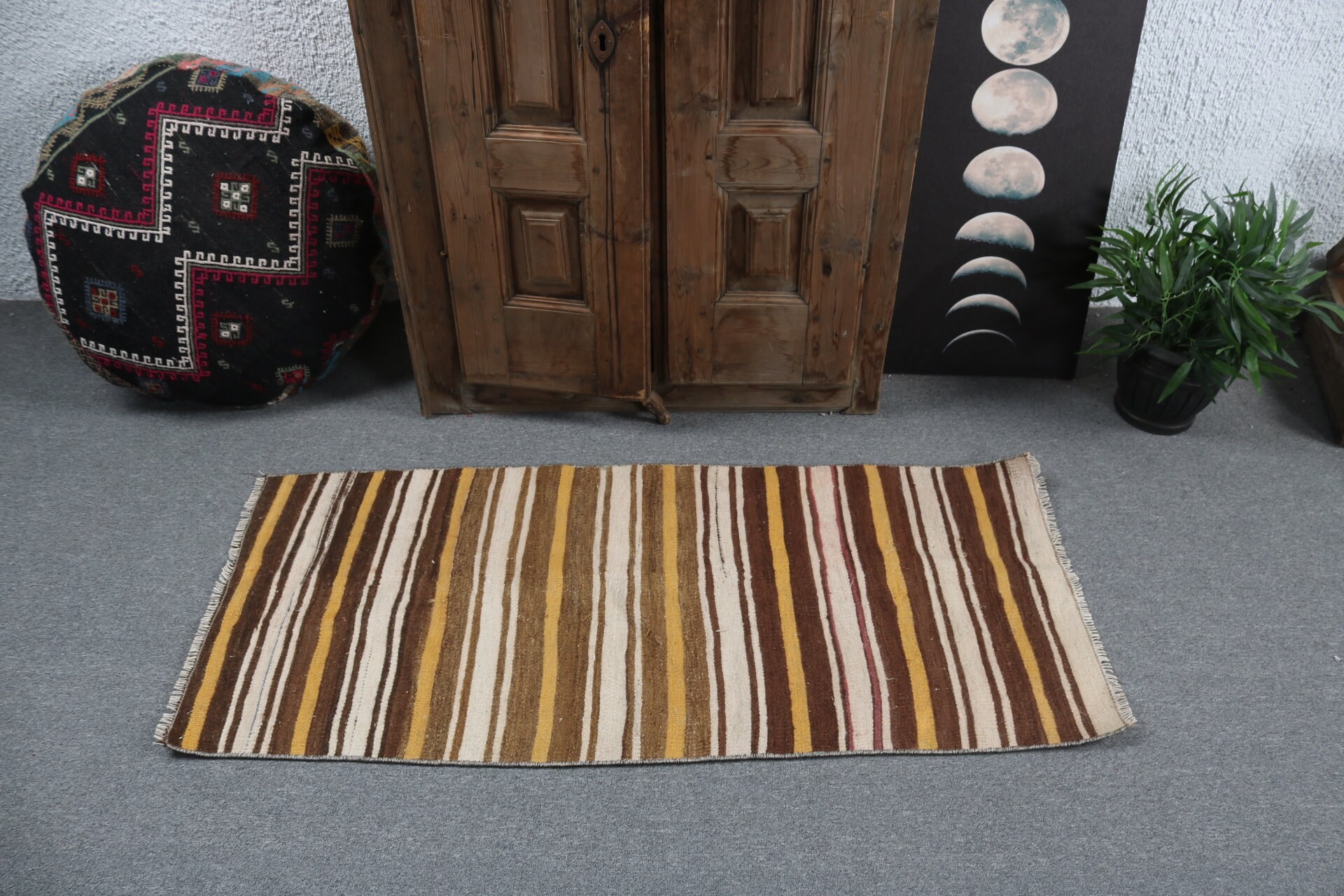 2x4.5 ft Küçük Halı, Kilim, Nötr Halı, Banyo Halısı, Kahverengi Modern Halılar, Küçük Vintage Halı, Vintage Halı, Türk Halıları, Geometrik Halılar