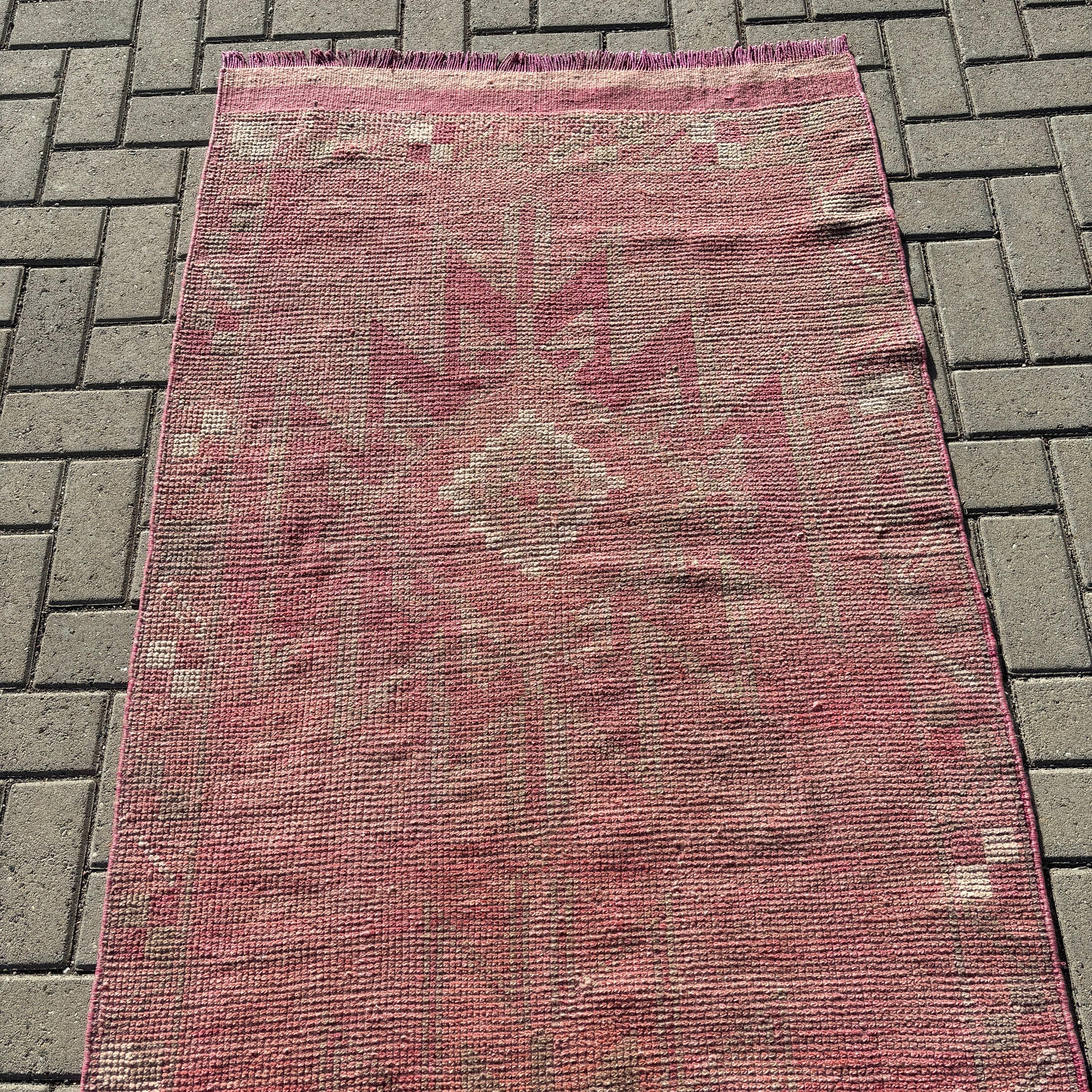 Kitchen Rugs, 3.2x12.3 ft Runner Rugs, Handwoven Rug, Long Runner Rugs, Geometric Rug, Turkish Rugs, Pink Antique Rugs, Vintage Rug