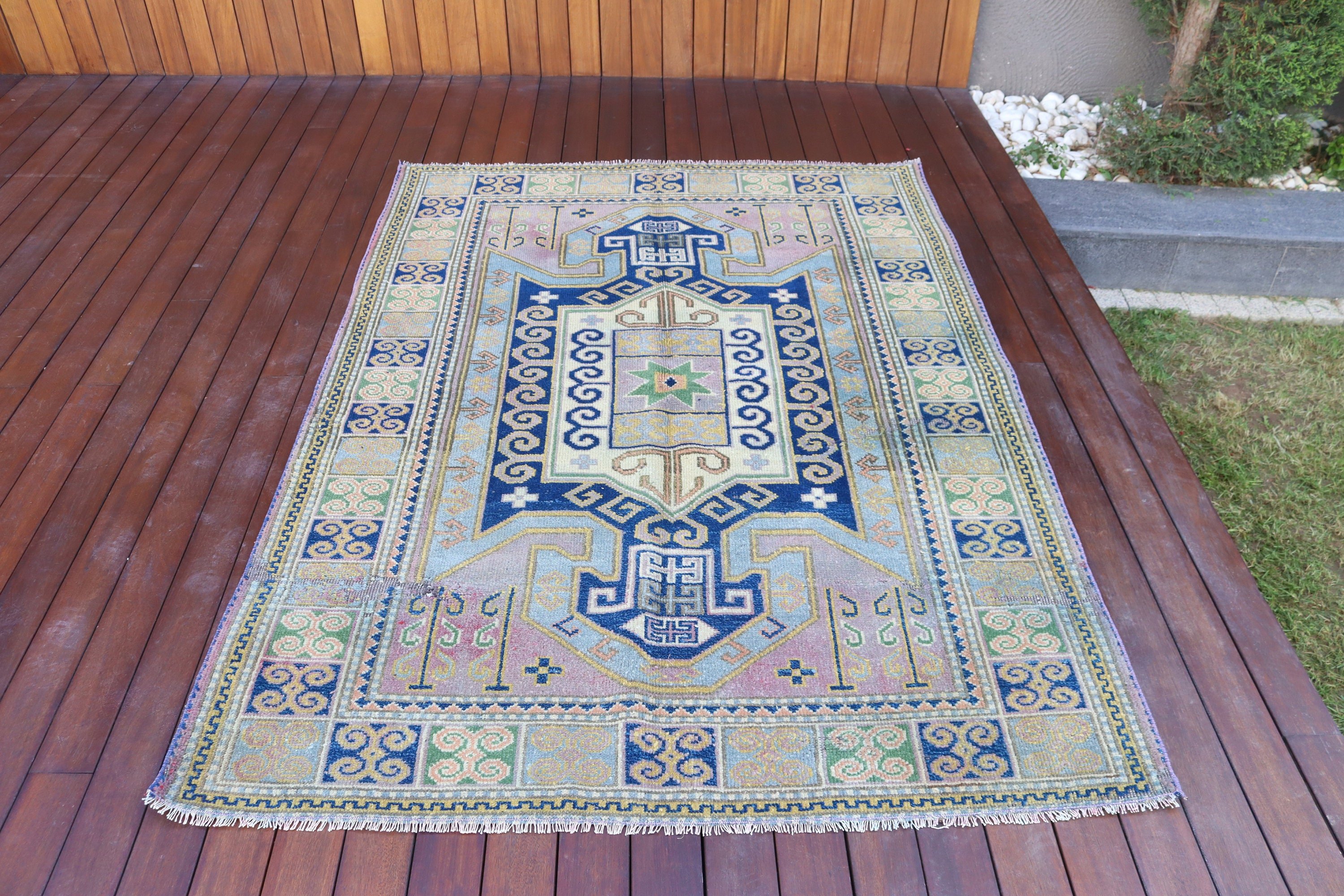 4.5x6.3 ft Area Rug, Beige Kitchen Rug, Turkish Rug, Vintage Rug, Geometric Rug, Handmade Rug, Floor Rugs, Vintage Area Rugs