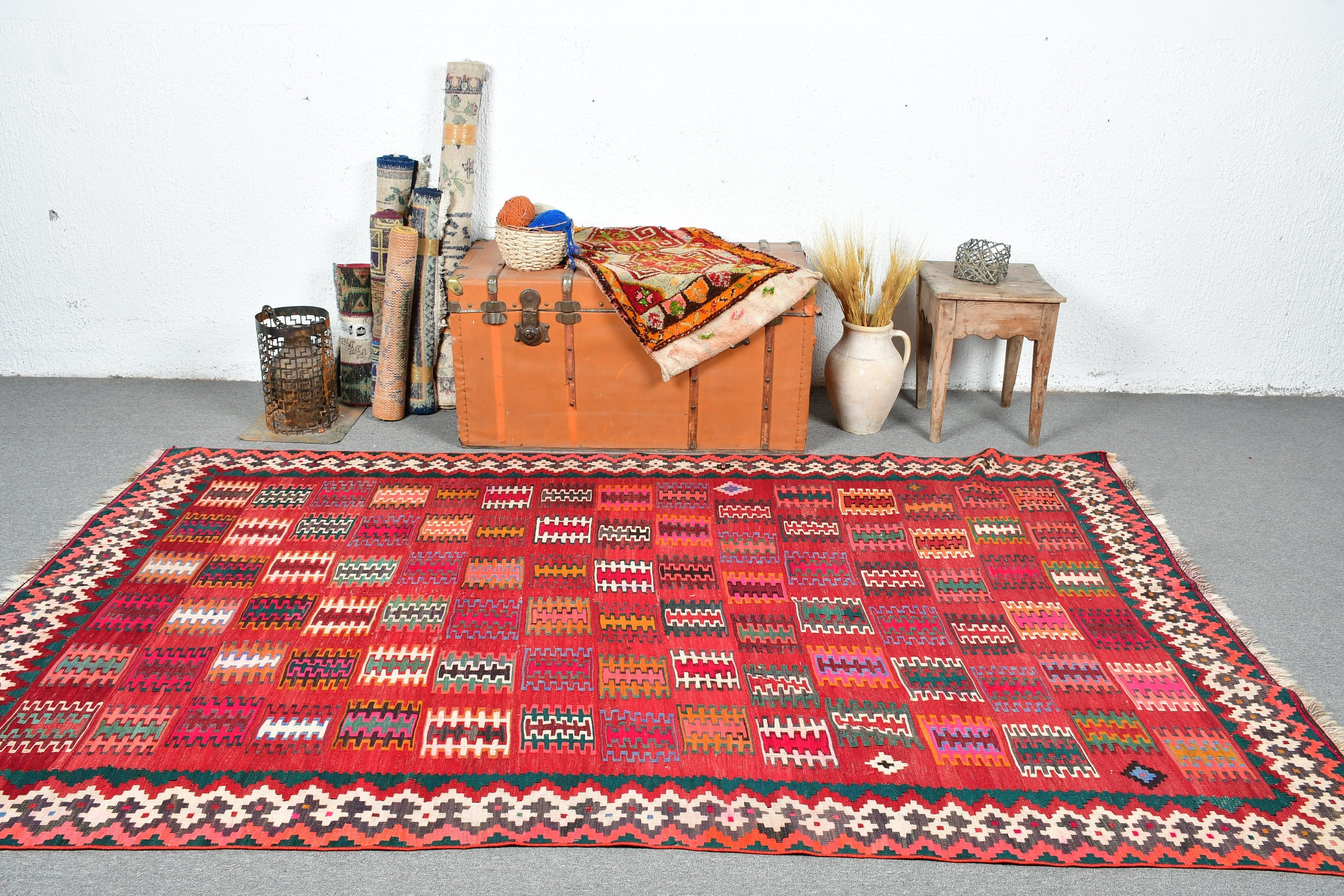 Living Room Rug, Salon Rug, Moroccan Rugs, Bedroom Rug, Kilim, Red Anatolian Rug, Turkish Rugs, Cute Rug, Vintage Rug, 5.3x8.7 ft Large Rug