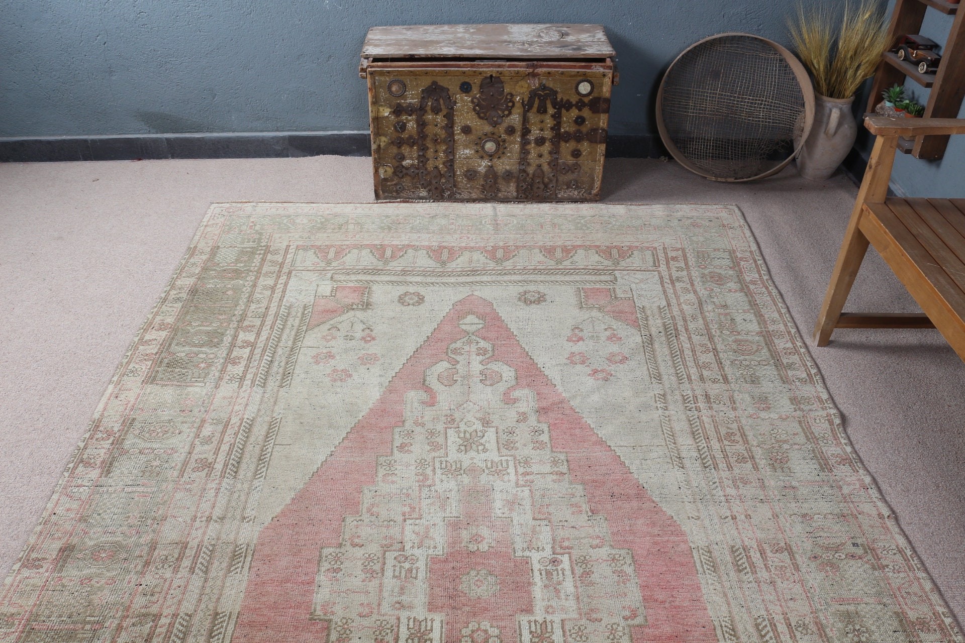 Anadolu Halısı, Bej Ev Dekor Halısı, Yün Halısı, Vintage Halısı, Oturma Odası Halıları, 6.2x10.7 ft Büyük Halısı, Salon Halıları, Boho Halısı, Türk Halıları