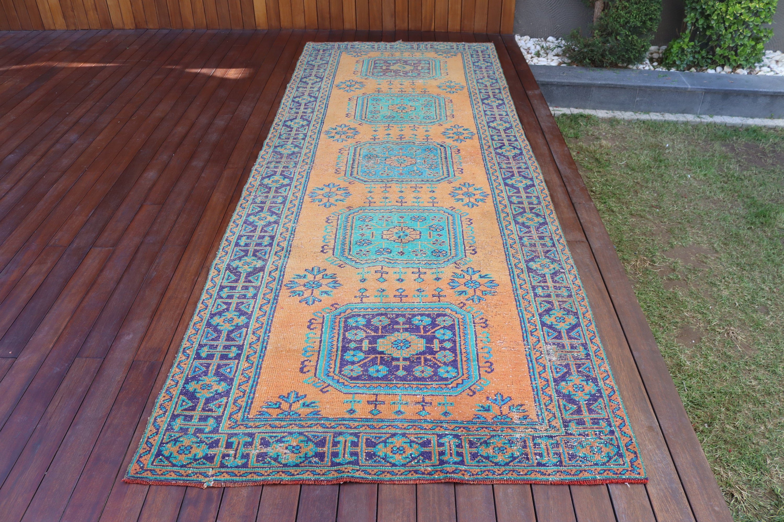 Boho Halıları, 4.2x11.4 ft Runner Halıları, Uzun Koşucu Halıları, Türk Halıları, Vintage Halı, Anadolu Halıları, Turuncu Fas Halısı, Koridor Halısı