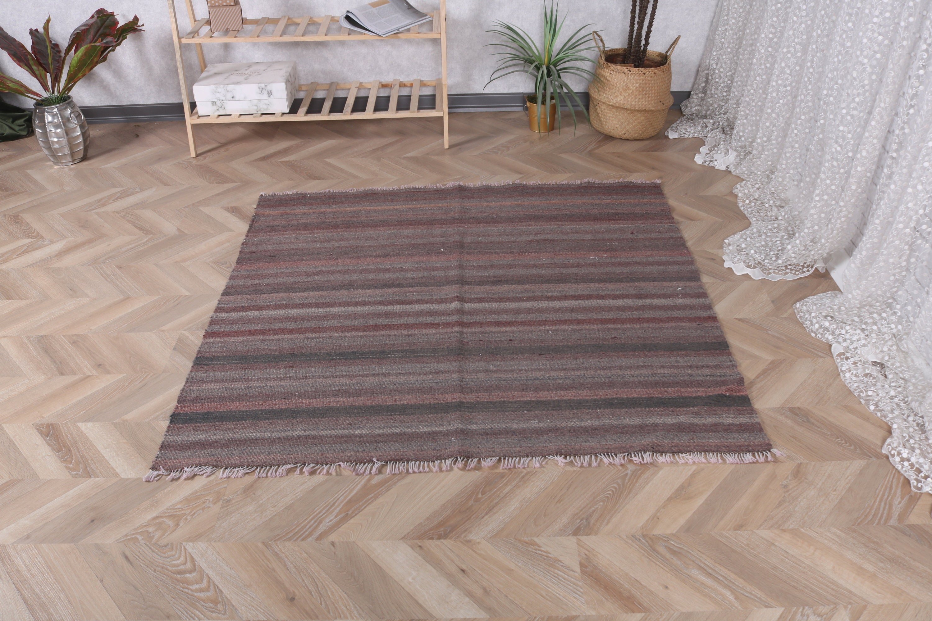 Türk Halısı, Geometrik Halılar, 4,6x4,6 ft Aksan Halısı, Havalı Halı, Boho Vurgulu Halılar, Vintage Halı, Kahverengi Düz Dokuma Halı, Yatak Odası Halıları, Kabile Halıları