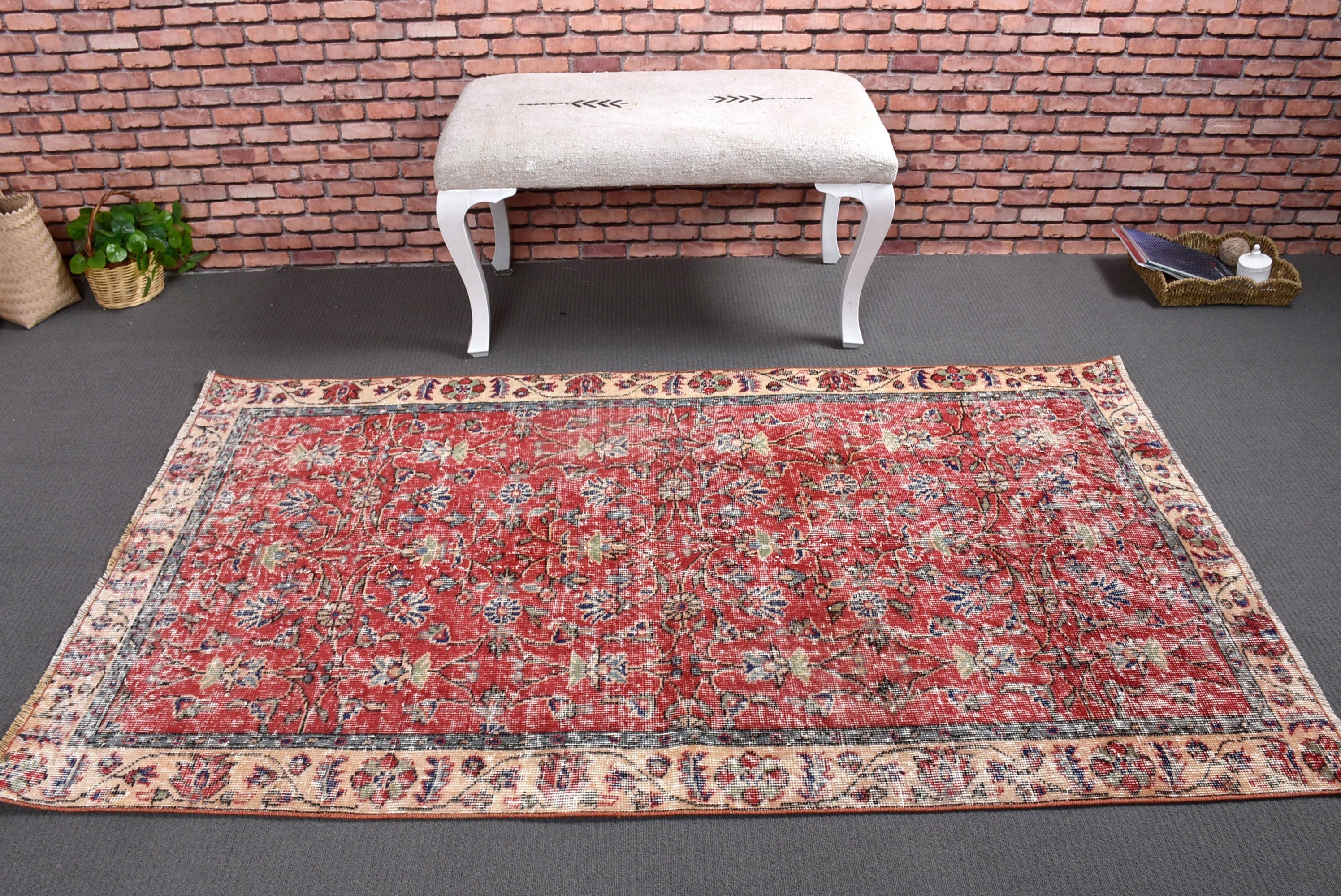 Boho Accent Rug, Red Wool Rugs, Home Decor Rug, 3.7x6.4 ft Accent Rugs, Turkish Rugs, Rugs for Accent, Anatolian Rugs, Vintage Rugs