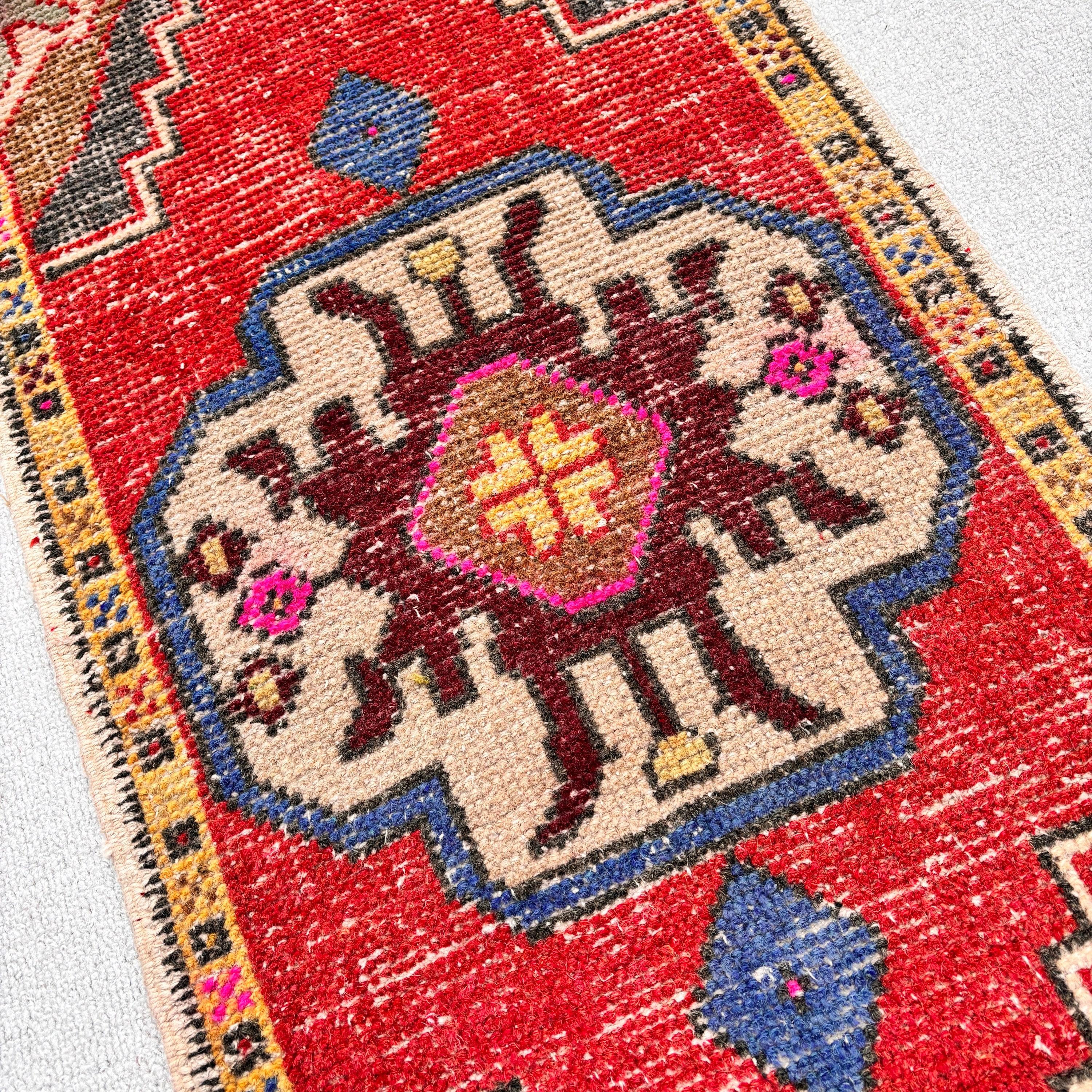 Modern Rug, Small Area Rugs, Kitchen Rug, 1.5x3 ft Small Rugs, Turkish Rugs, Rugs for Bath, Red Wool Rug, Entry Rug, Vintage Rugs