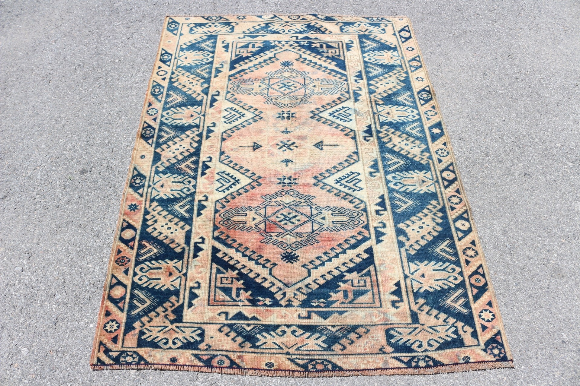 Bedroom Rug, Turkish Rug, Entry Rug, Oushak Rug, 3.8x5.4 ft Accent Rugs, Moroccan Rugs, Rugs for Bedroom, Blue Wool Rug, Vintage Rug