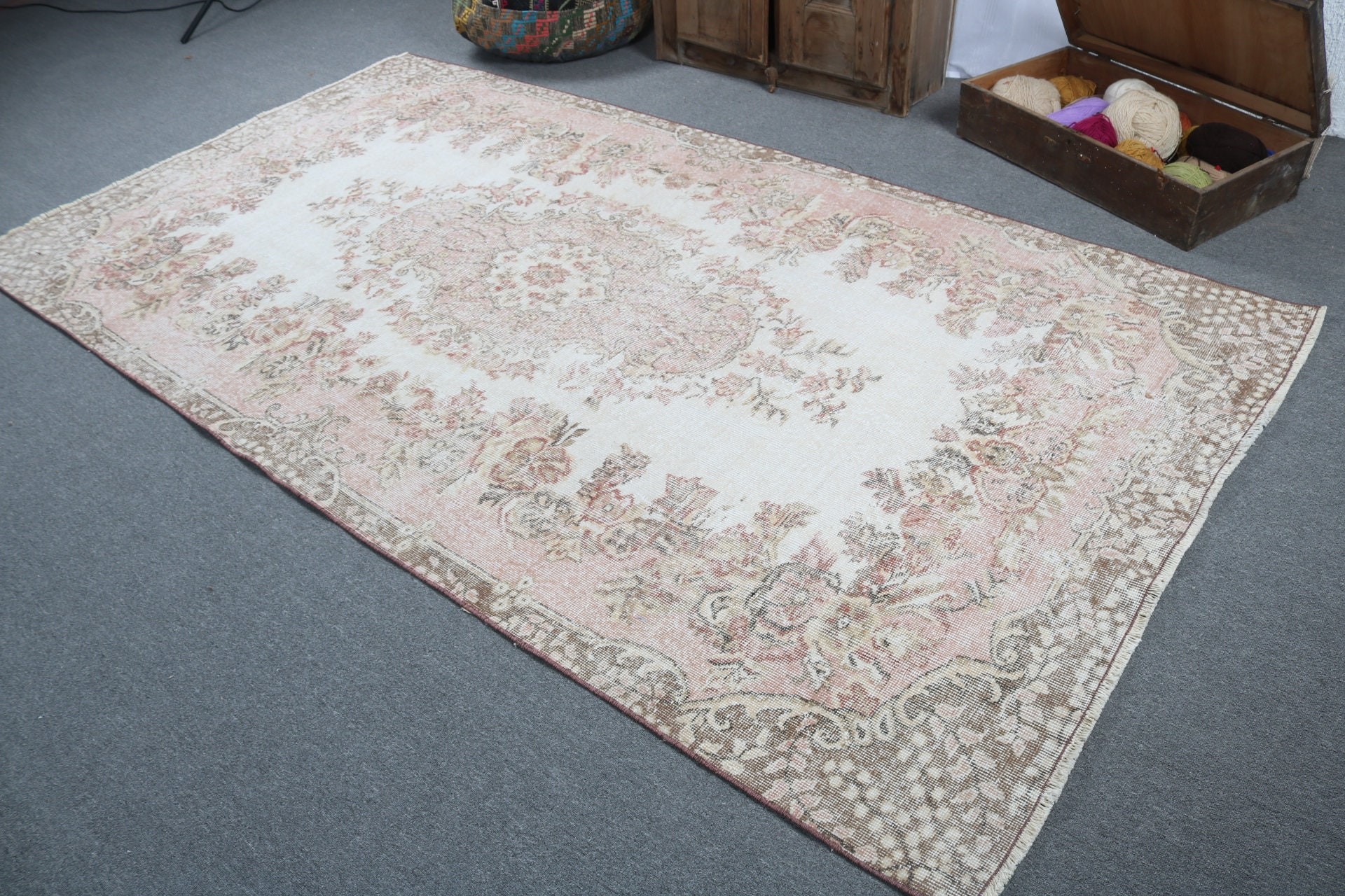 Yer Halıları, 5.1x9.5 ft Büyük Halılar, Boho Halı, Büyük Oushak Halı, Vintage Halı, Pembe Açıklama Halıları, Türk Halıları, Büyük Vintage Halı