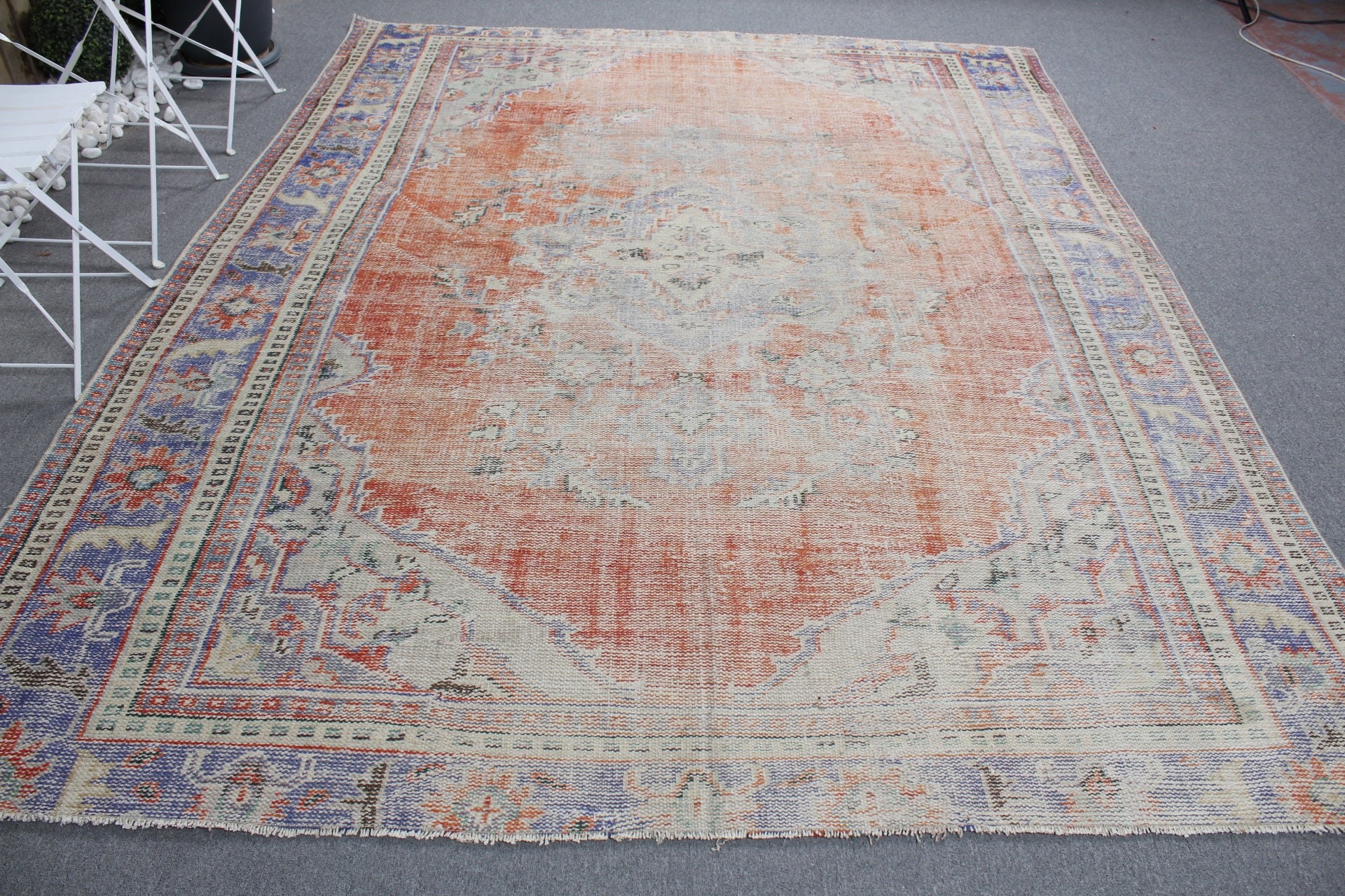 Salon Halısı, Türk Halısı, Yün Halılar, Vintage Halı, Turuncu 7.6x9.5 ft Büyük Boy Halı, Yemek Odası Halıları, Mutfak Halıları, Dış Mekan Halısı