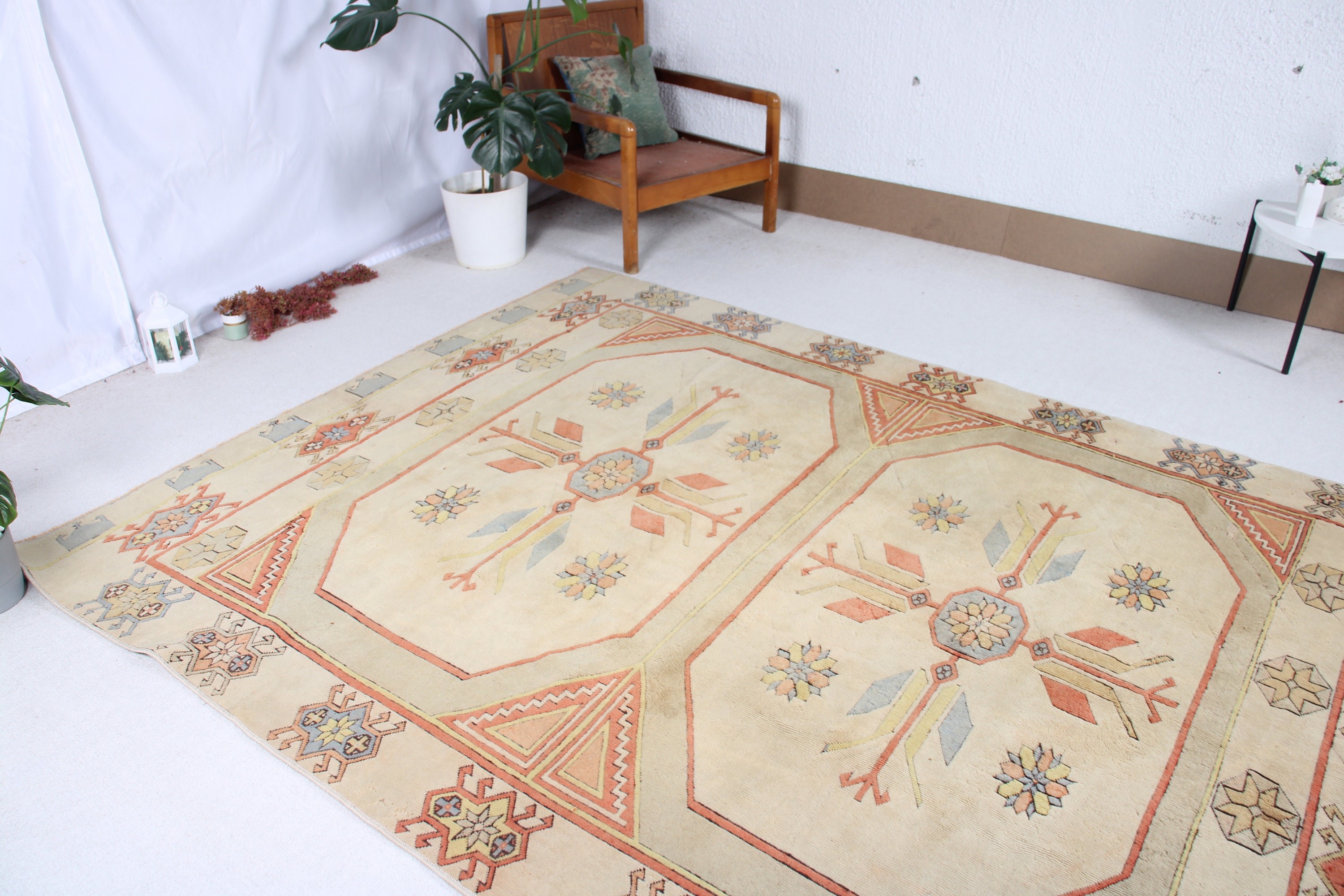 Antika Halılar, Vintage Halı, Türk Halıları, 6.3x8.8 ft Büyük Halılar, Bej Oushak Halısı, Yer Halıları, Yemek Odası Halısı, Boho Halısı, Yatak Odası Halıları