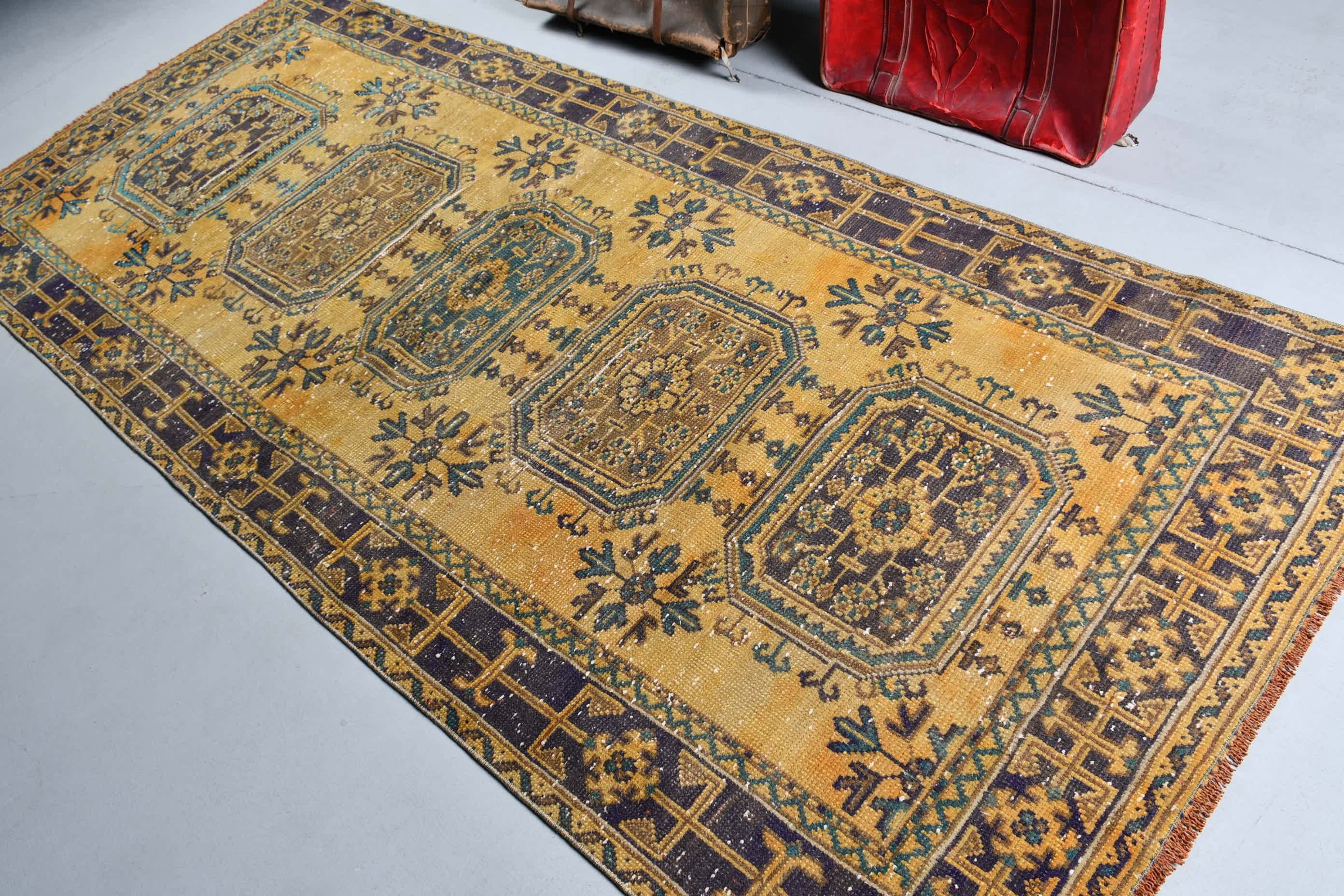 Antique Rugs, Wool Rug, Old Rug, Turkish Rug, 4.4x10.2 ft Large Rug, Yellow Home Decor Rug, Living Room Rug, Salon Rugs, Vintage Rug