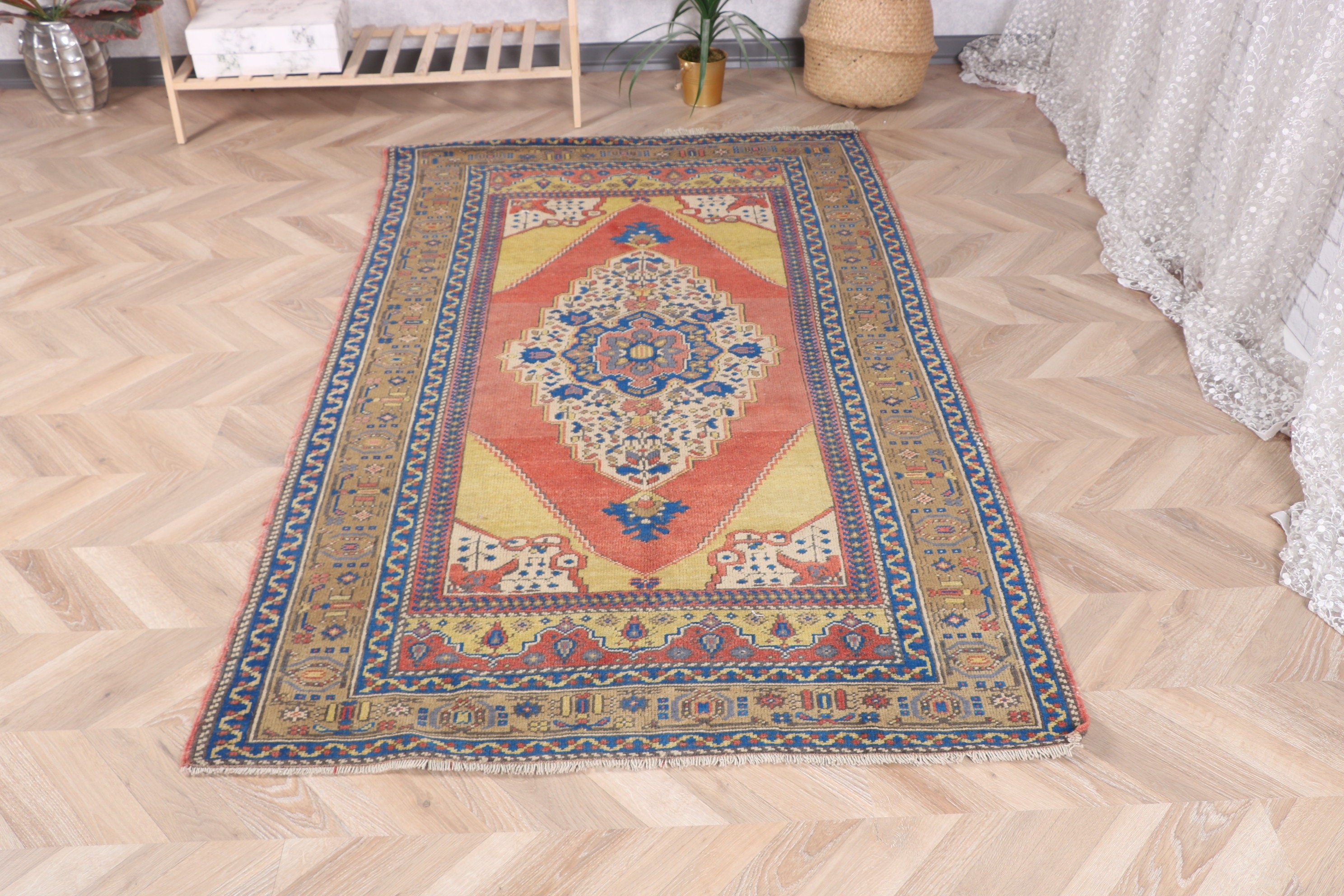 3.8x6.4 ft Alan Halısı, Sarı Boho Halısı, Geometrik Halılar, Yer Halıları, Vintage Halı, Yemek Odası Halıları, Türk Halısı, Oturma Odası Halıları