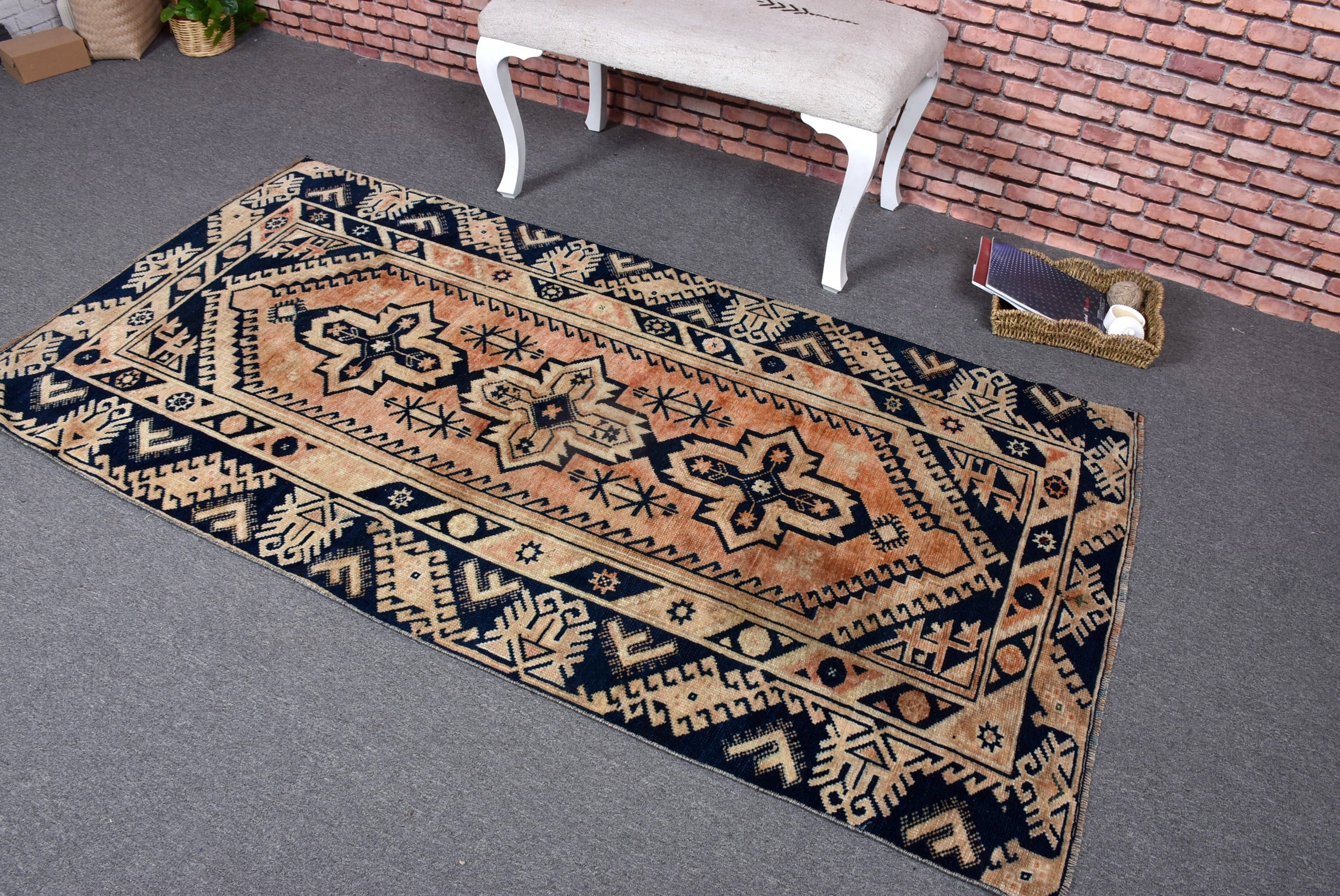 Turuncu Modern Halı, Vintage Halılar, Vintage Vurgulu Halı, Havalı Halı, Mutfak Halıları, Türk Halıları, Geometrik Halı, Boho Halıları, 3,5x6,8 ft Vurgulu Halılar