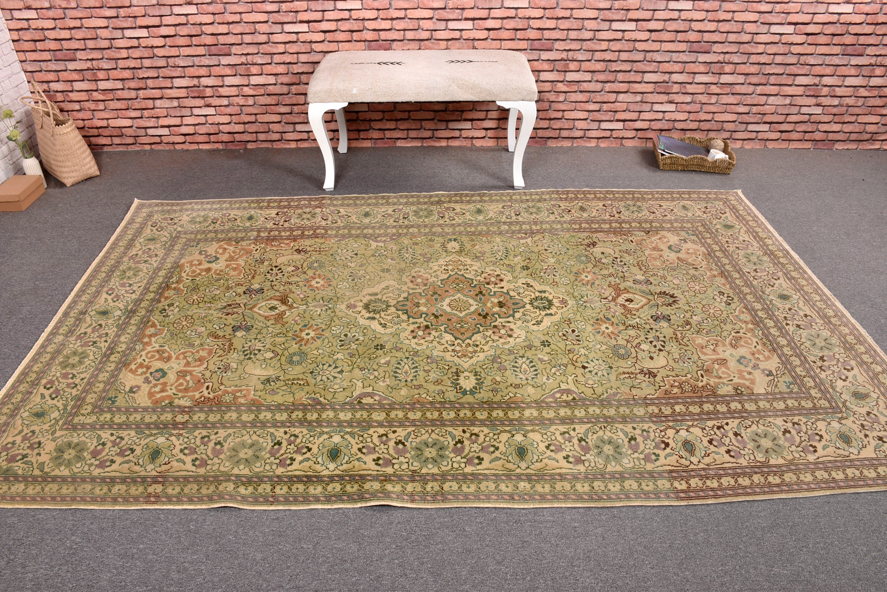 Türk Halıları, Oryantal Halılar, Büyük Oushak Halıları, Yeşil El Dokuma Halı, Vintage Halılar, Oturma Odası Halısı, 5.4x8.6 ft Büyük Halı