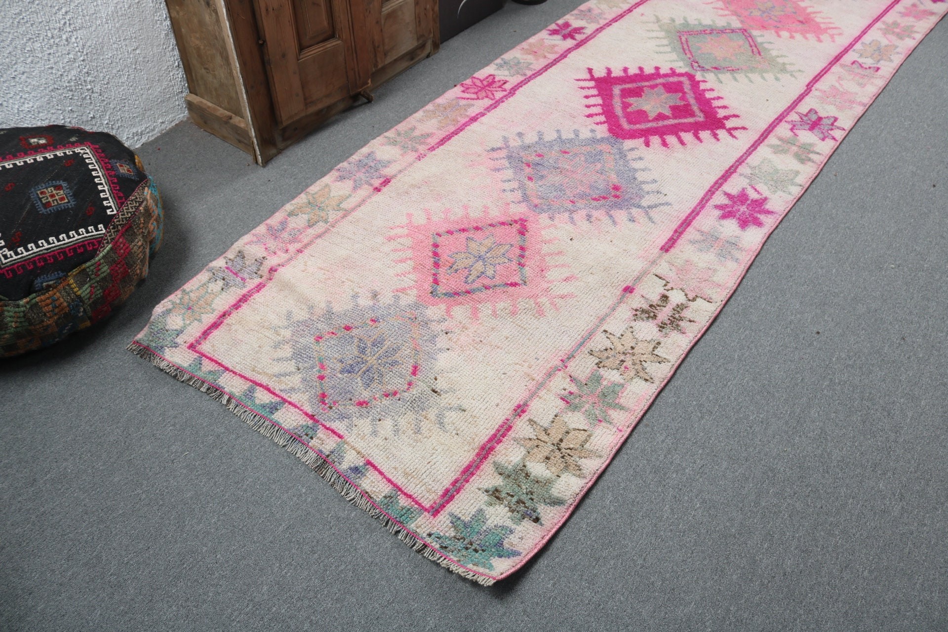 Vintage Halı, Türk Halısı, Boho Halısı, Fas Halıları, 3,6x11,1 ft Runner Halısı, Oushak Halısı, Bej Bildirim Halısı, Uzun Yolluk Halıları, Koridor Halıları