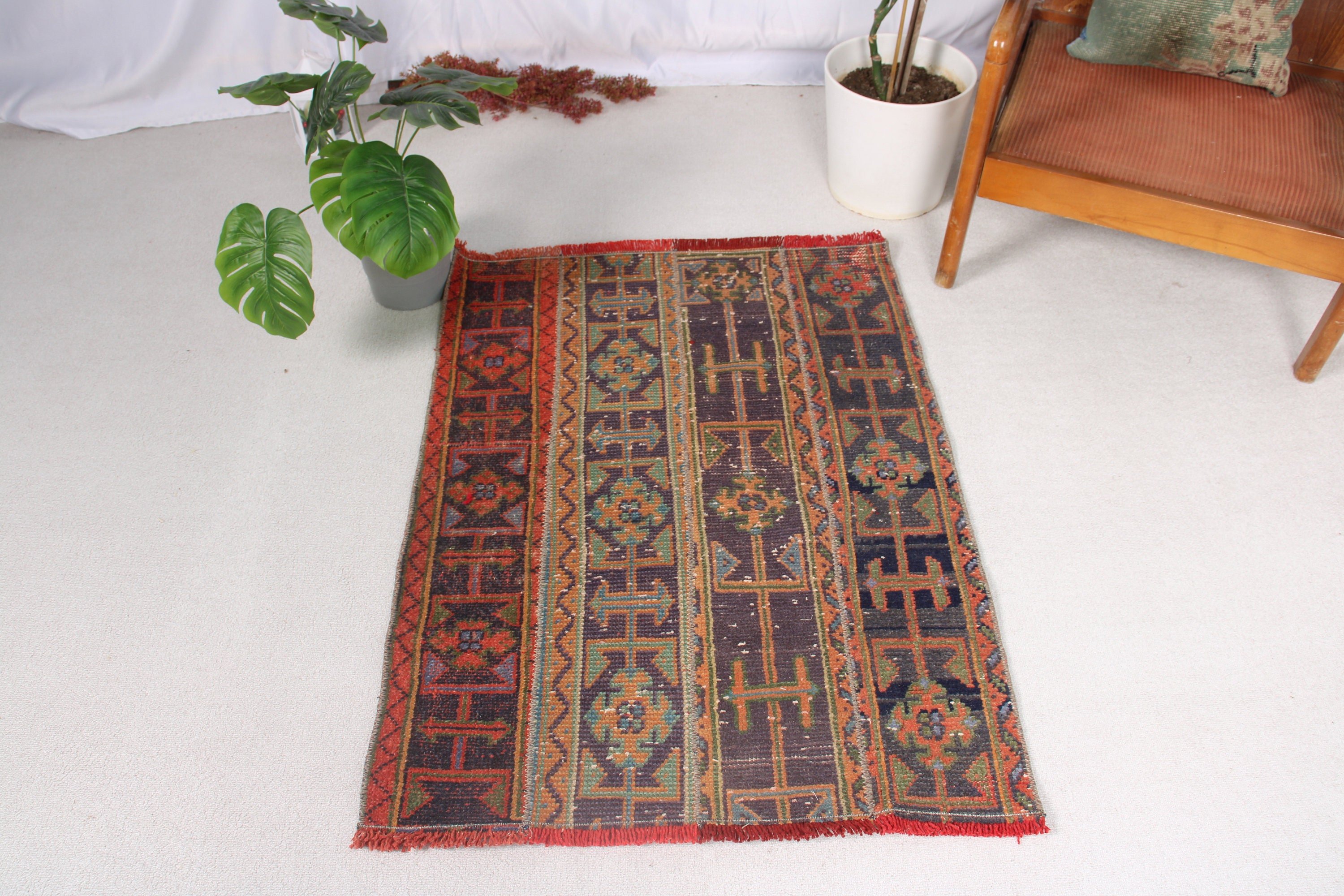 Küçük Alan Halısı, El Dokuma Halılar, Yatak Odası Halıları, 2,7x3,6 ft Küçük Halı, Boho Halı, Vintage Halı, Türk Halısı, Turuncu Geometrik Halılar