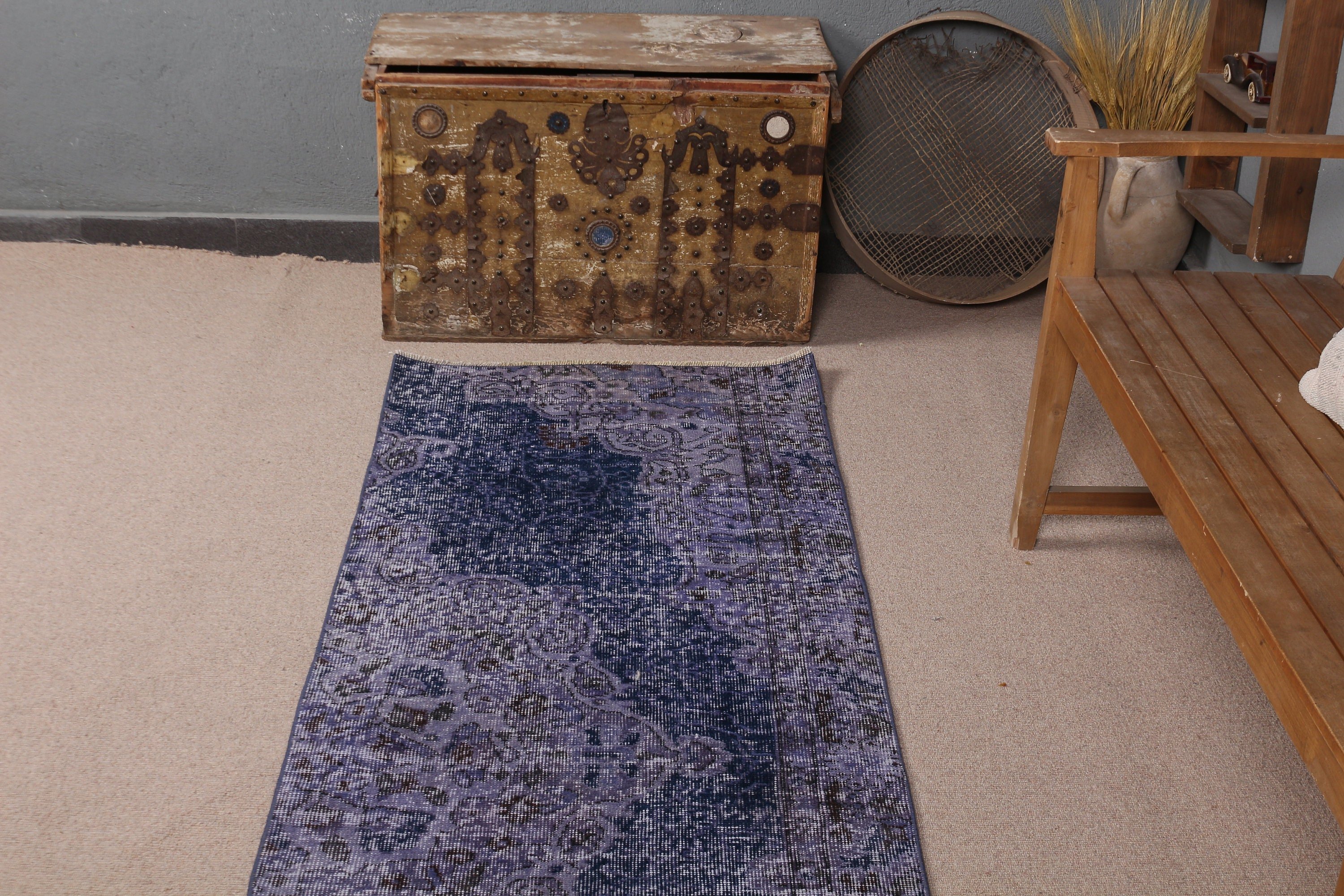 Blue Oushak Rug, Boho Rug, Anatolian Rugs, 2.5x7.7 ft Runner Rug, Rugs for Stair, Turkish Rugs, Kitchen Rug, Vintage Rug