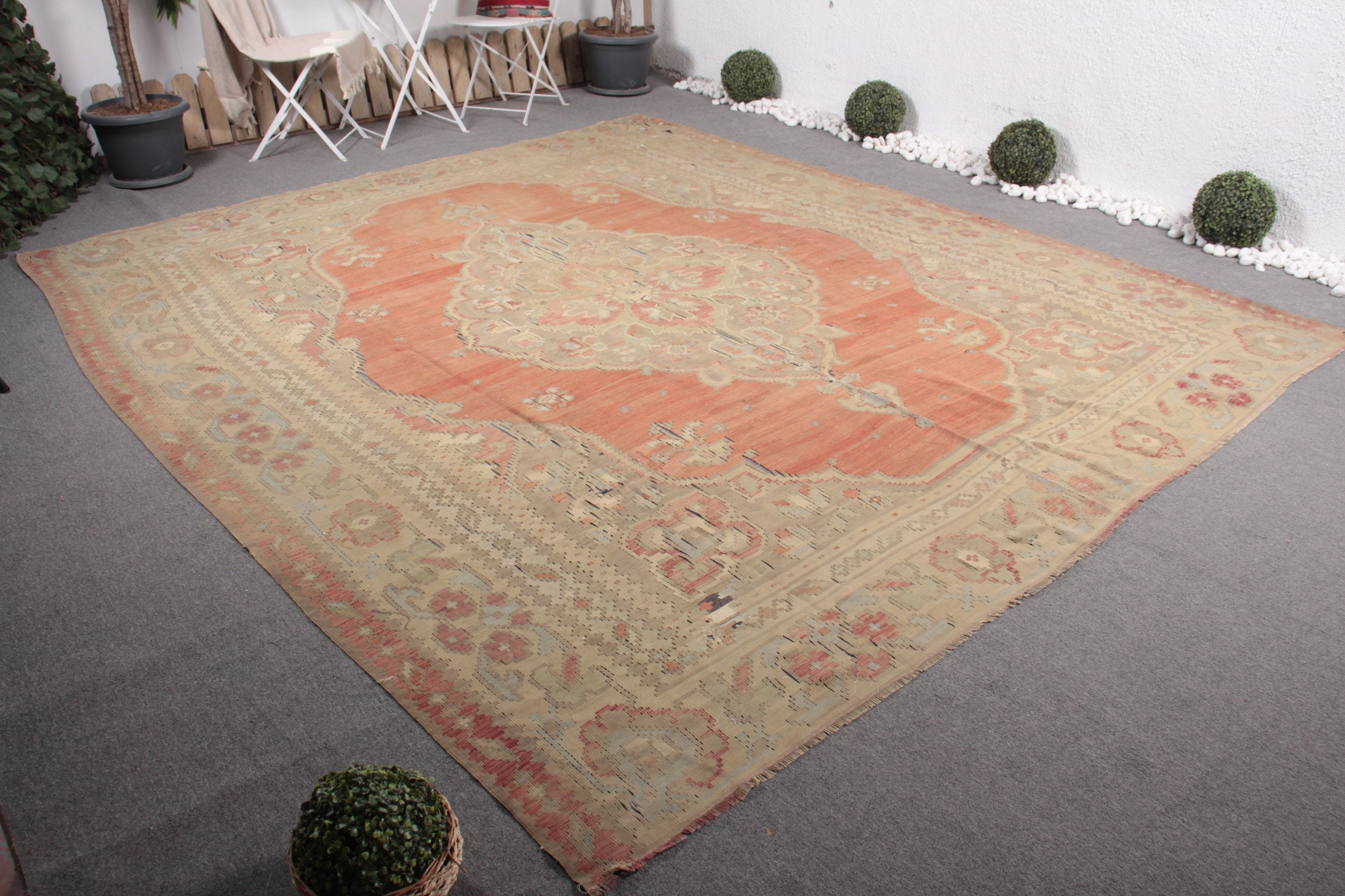 Yemek Odası Halısı, Kilim, Oushak Halısı, Soğuk Halı, Salon Halısı, Türk Halısı, Bej Ev Dekor Halısı, 9.5x10.7 ft Büyük Boy Halı, Vintage Halı, Sanat Halısı