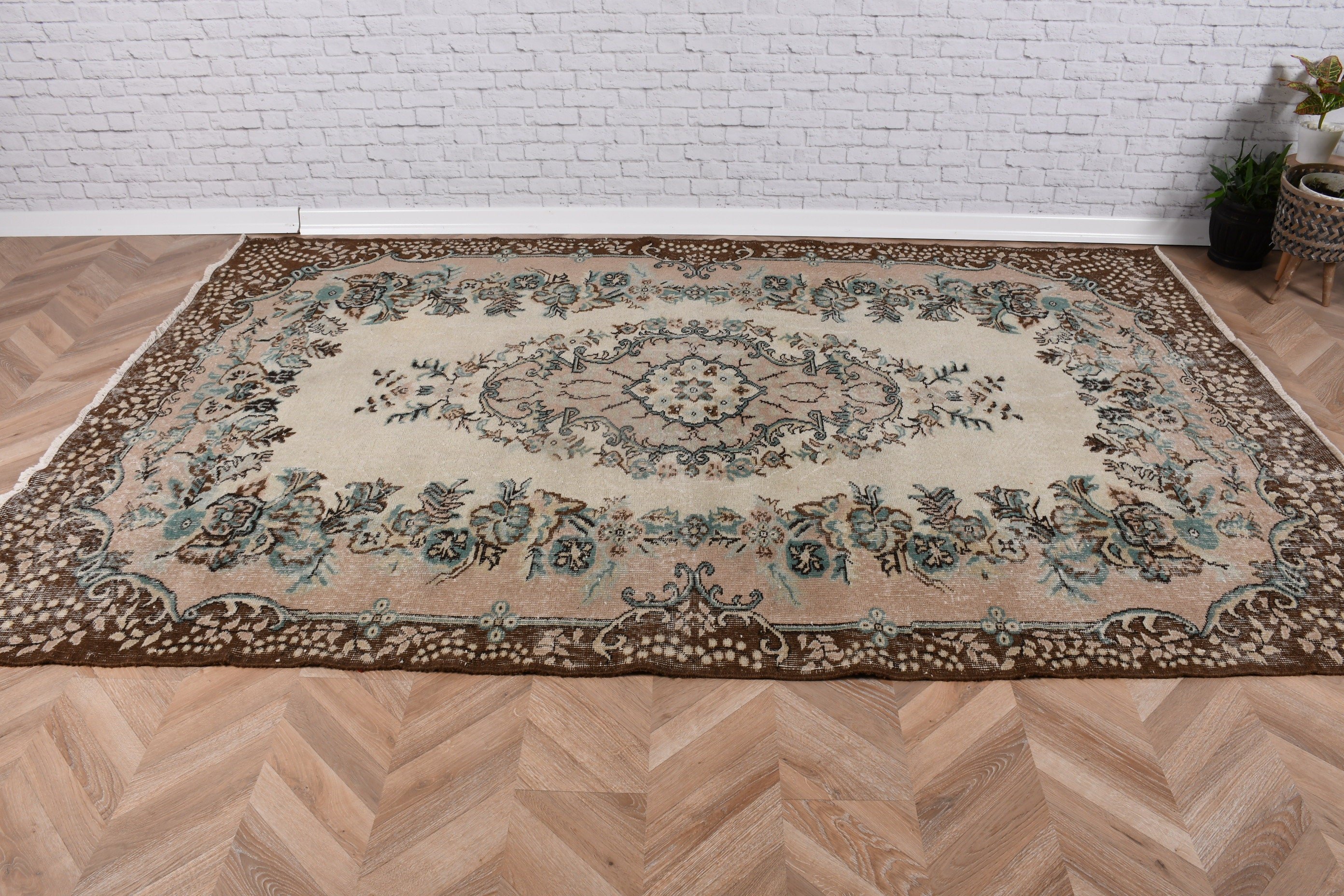 5.7x9.1 ft Büyük Halı, Bej Boho Halıları, El Dokuma Halısı, Ofis Halıları, Türk Halısı, Vintage Halı, Yer Halıları, Büyük Oushak Halıları, Yemek Odası Halısı