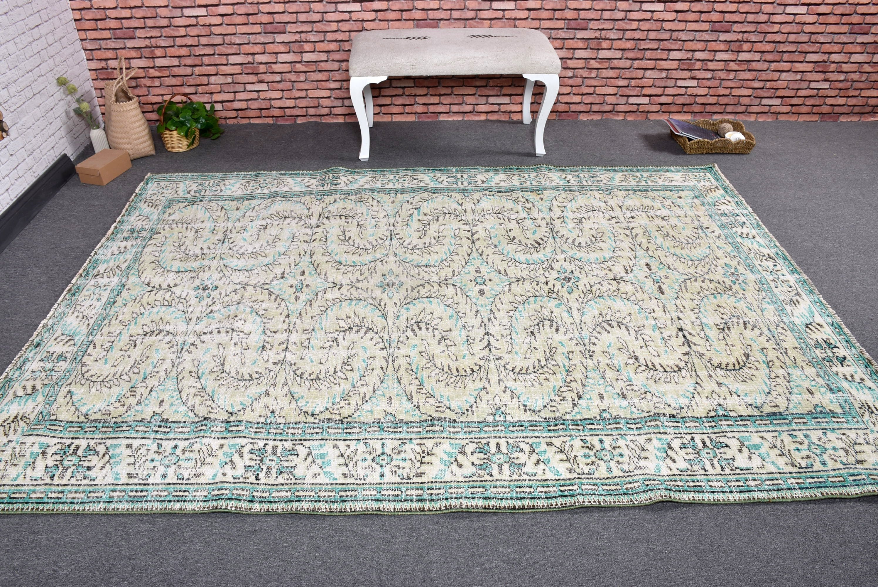 Türk Halıları, Salon Halıları, 6.1x8.3 ft Büyük Halı, Modern Halılar, Yer Halısı, Ev Dekorasyonu Halıları, Yeşil Modern Halılar, Büyük Oushak Halıları, Vintage Halılar